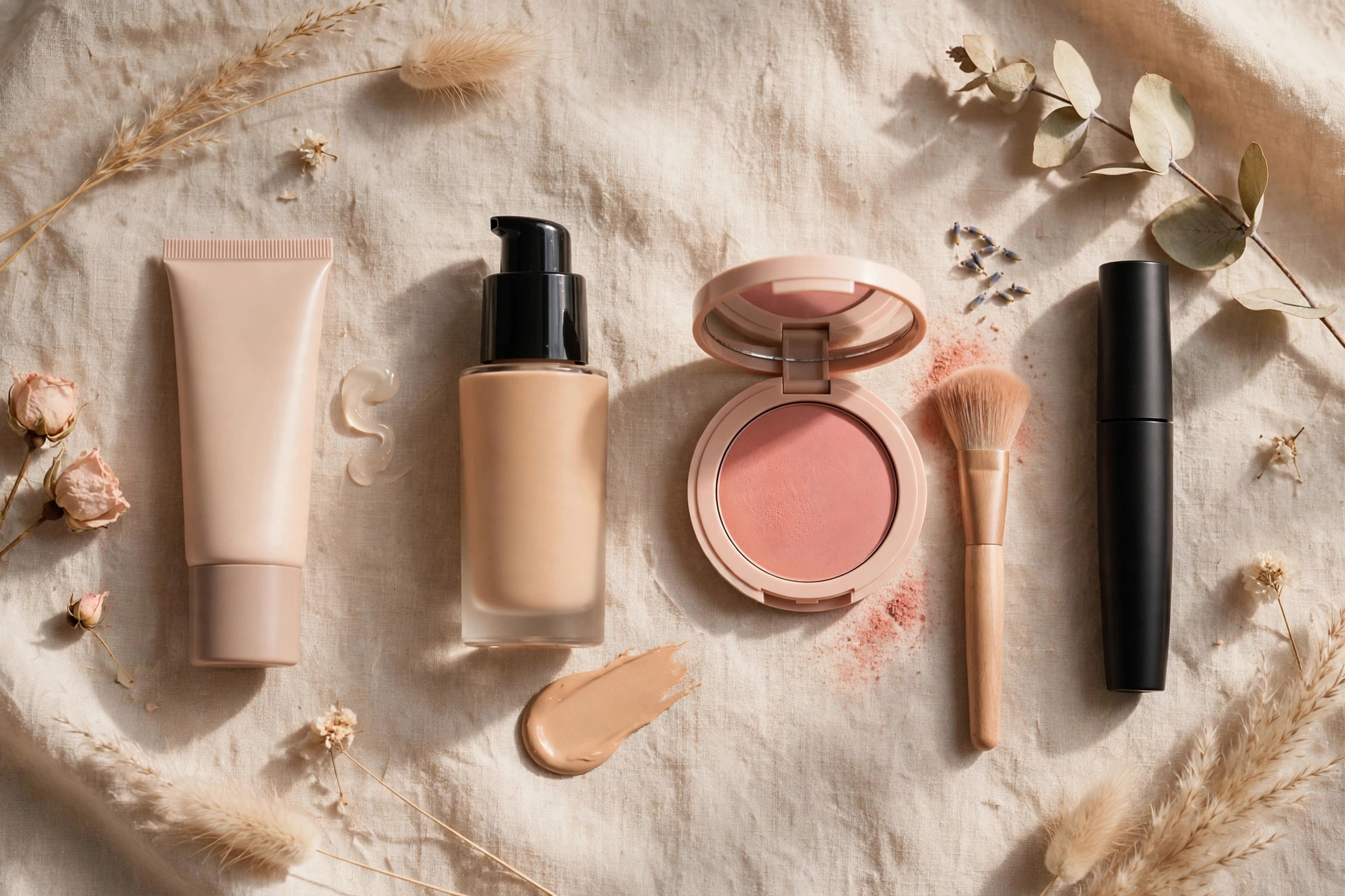 Primer, foundation, blush and mascara arranged for a soft glam makeup tutorial