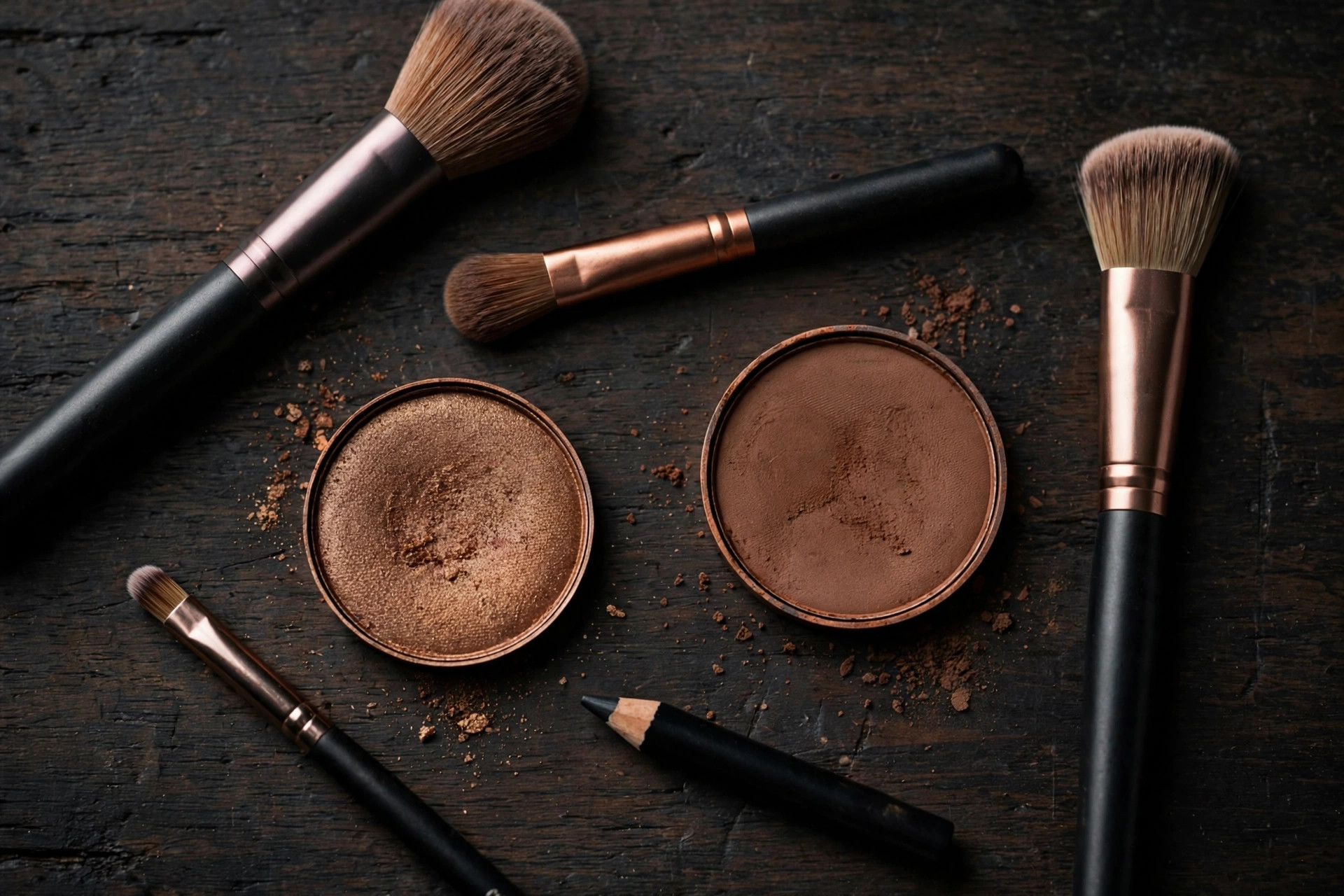 Eyeshadow brushes, a kohl eyeliner pencil and warm brown and bronze eyeshadow pans on a dark wooden vanity in moody light