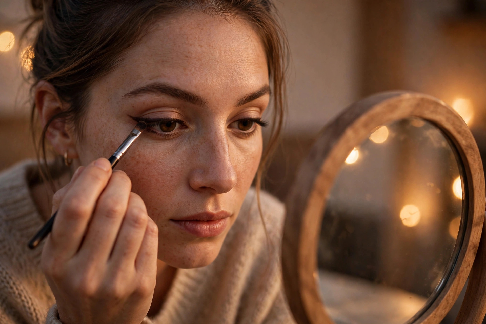 Woman smudging dark brown kohl eyeliner along her upper lash line with a small brush in front of a softly lit mirror