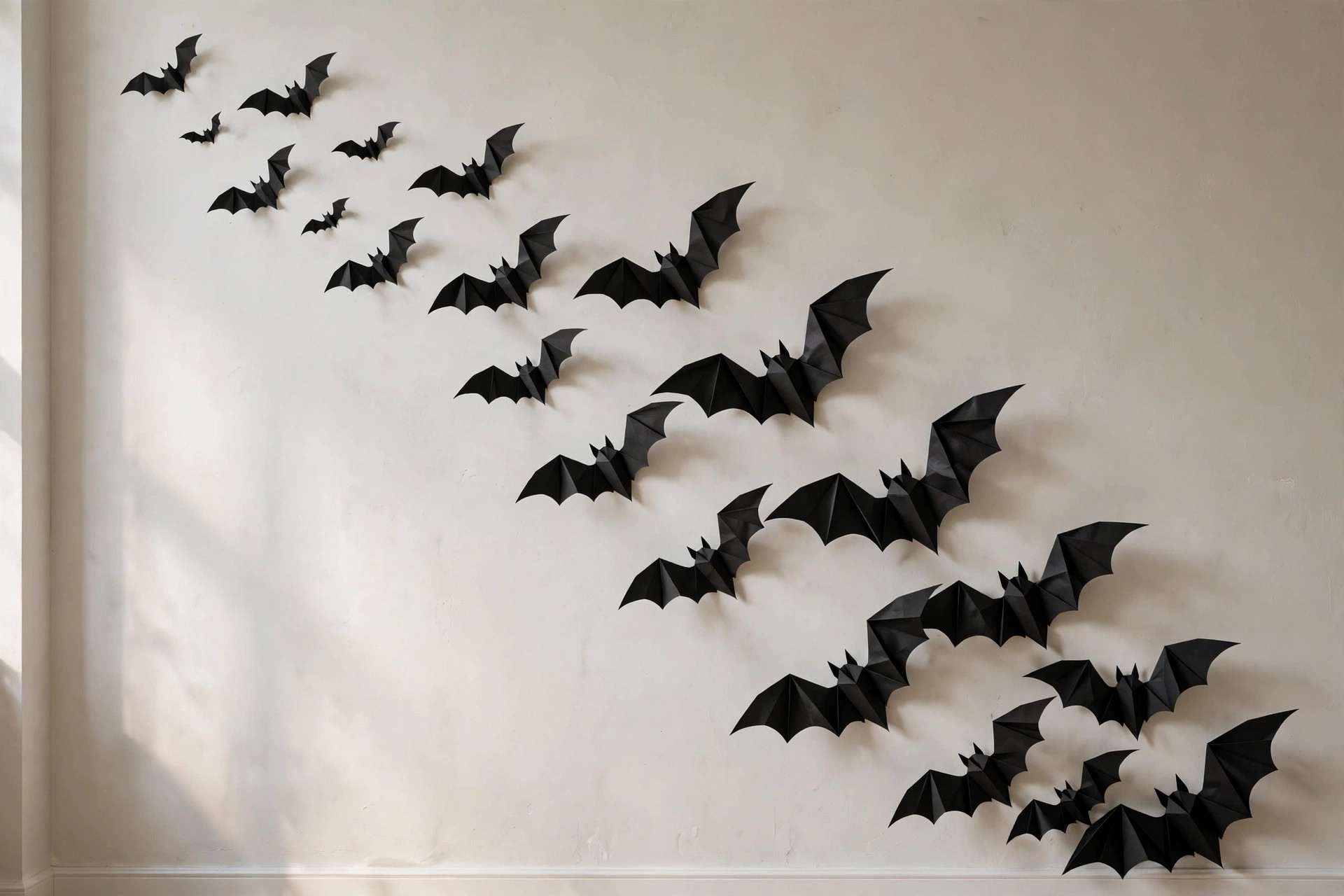 Black paper bats arranged in a sweeping flight pattern across a light living room wall