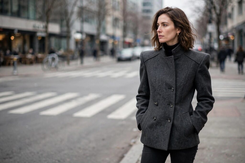 Woman wearing a structured strong-shoulder wool coat on a city street in soft winter light.