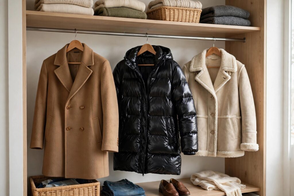 Row of winter coats, wool, glossy puffer, and shearling-trim, hanging in a tidy organized closet.