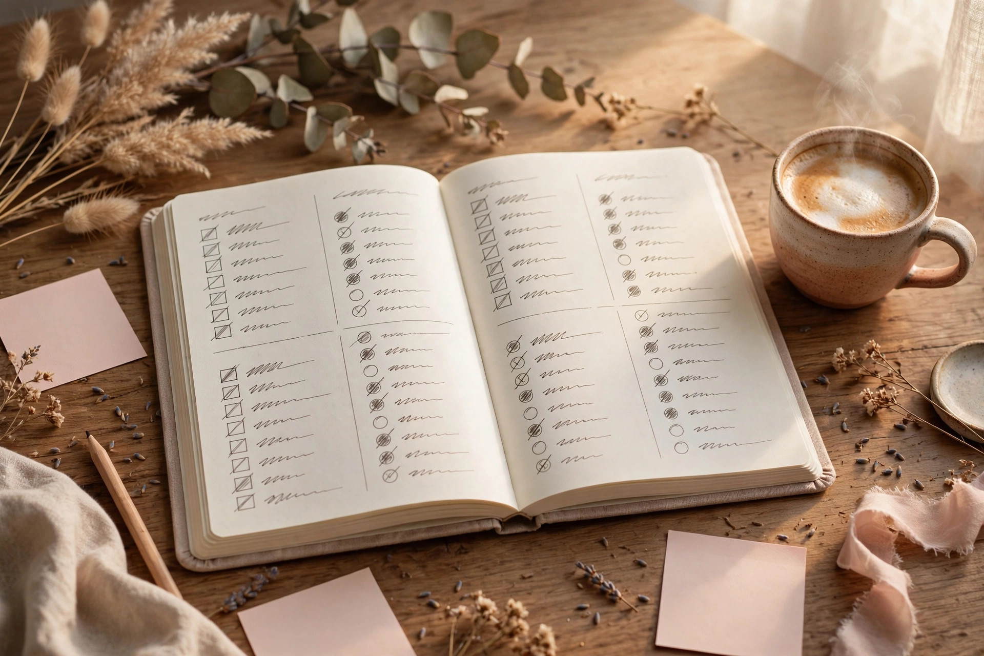Weekly planner open with handwritten goals beside a coffee cup, part of a calm Sunday reset routine