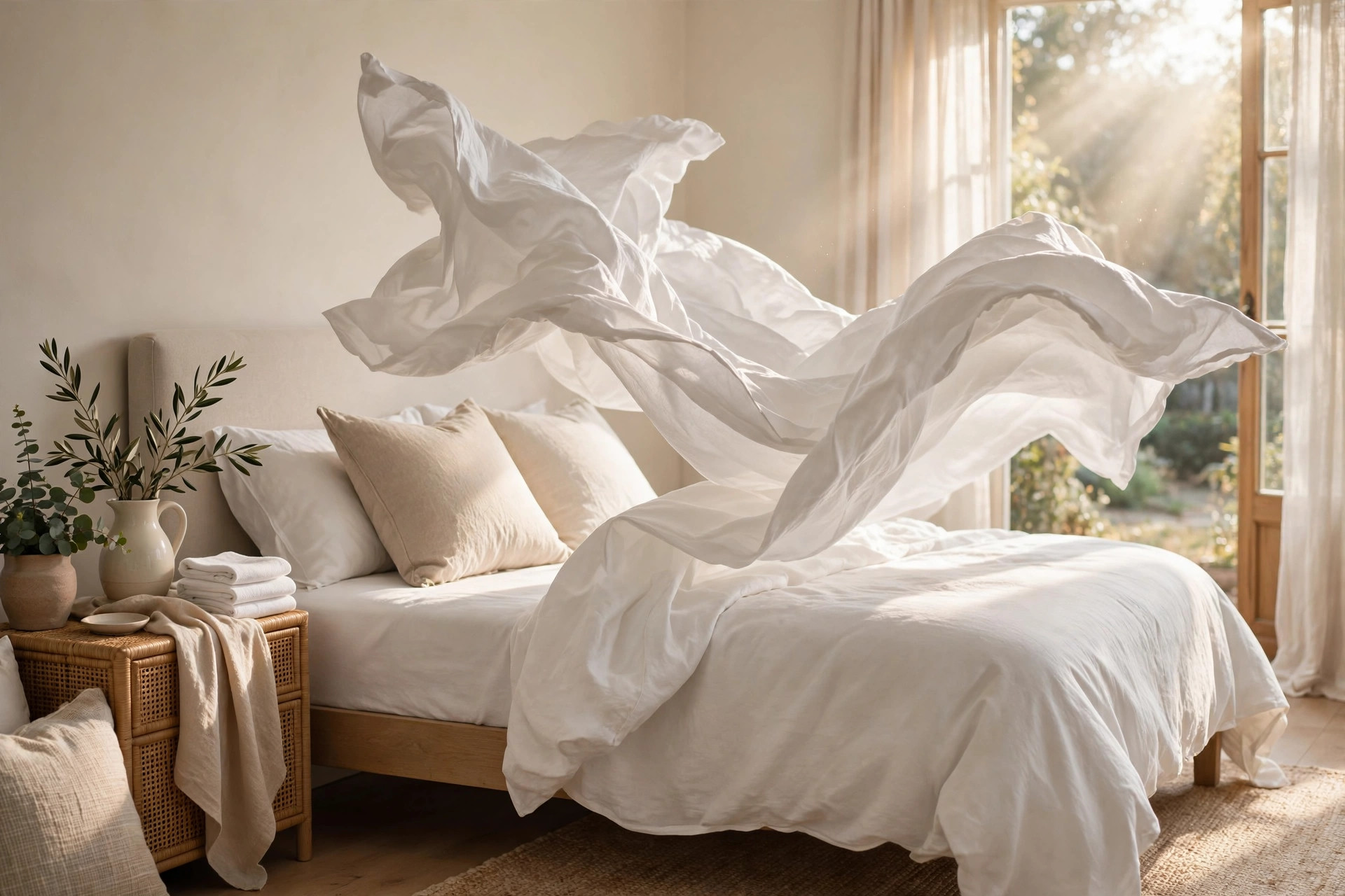 Fresh bed linens being changed in soft sunlight during a relaxing Sunday reset routine
