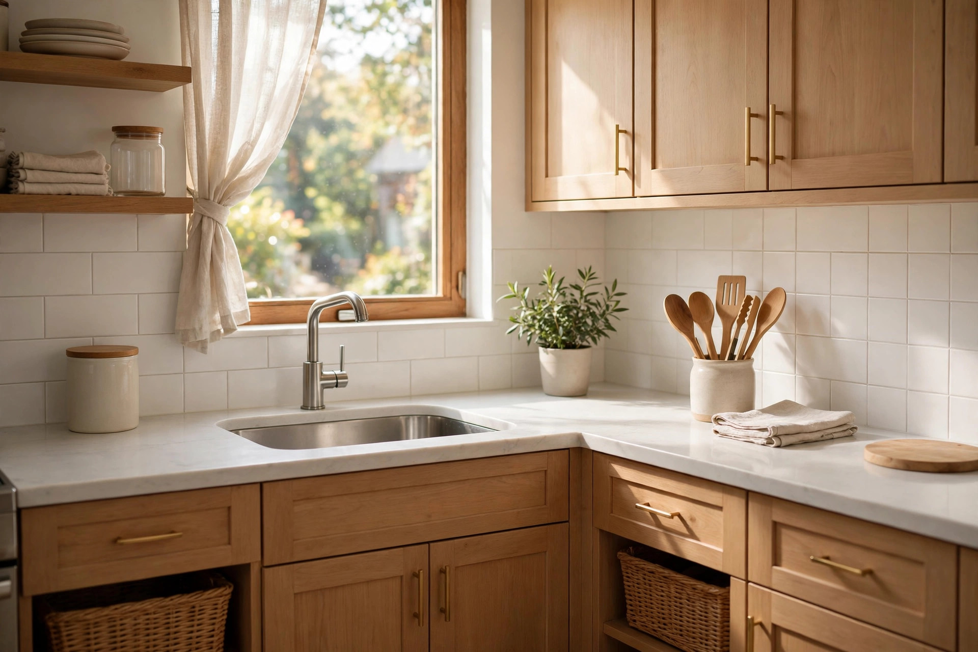 Tidy organized kitchen with clean worktops, an empty sink and neatly arranged wooden utensils in bright morning light
