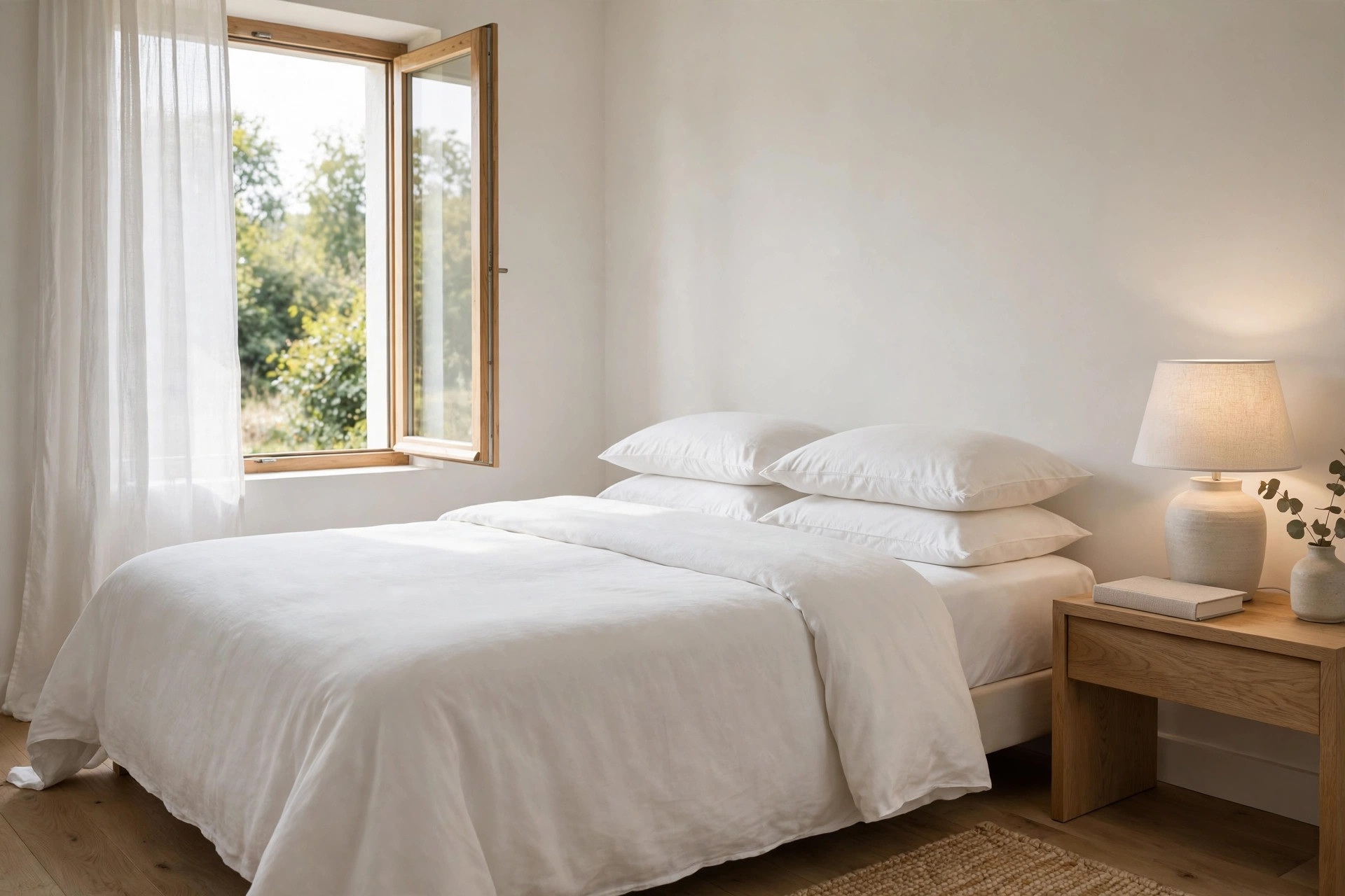 Serene bedroom with freshly made white sheets, a bedside table with lamp and book, and soft daylight through an open window