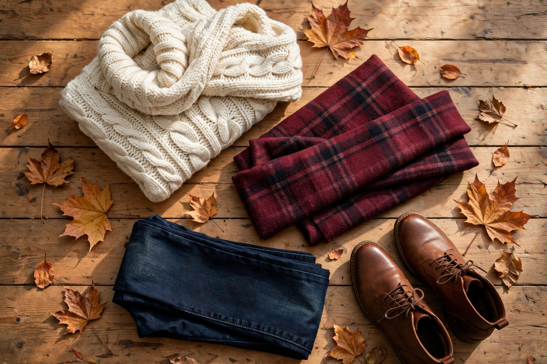 Flat lay of a fall outfit with chunky sweater, plaid scarf and ankle boots for autumn