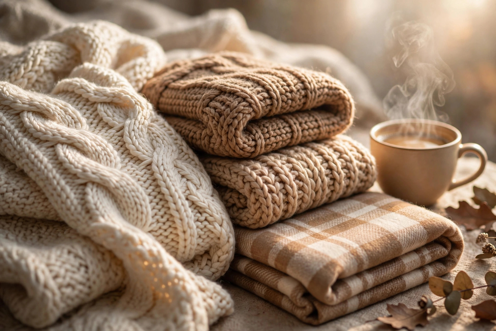 Close-up of cozy knit textures with a coffee cup beside for fall outfit inspiration