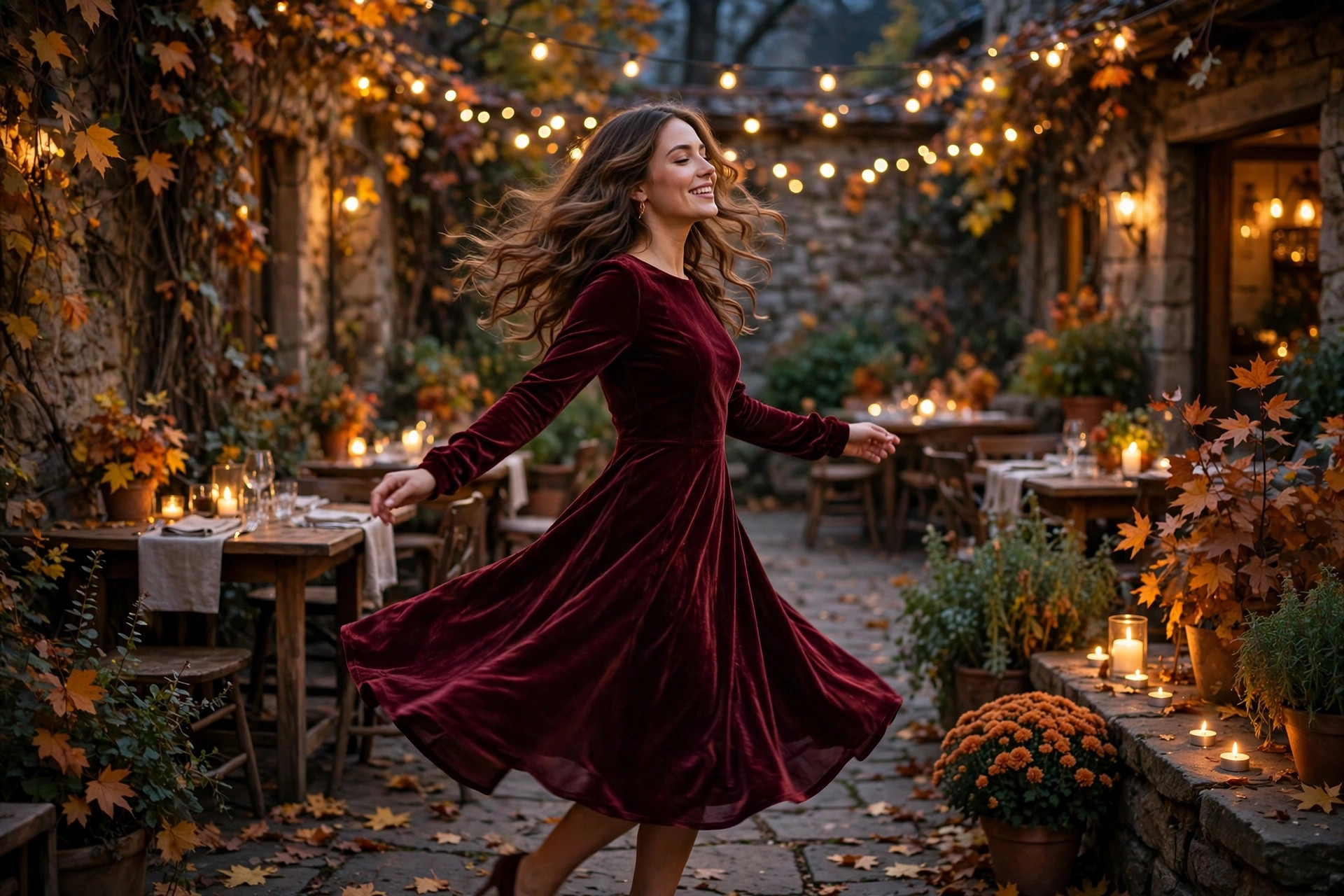 Photorealistic wide landscape photo of a woman in a burgundy velvet midi dress with long sleeves, twirling gently in a candlelit restaurant courtyard in autumn evening, joyful movement, no text or words in the image.