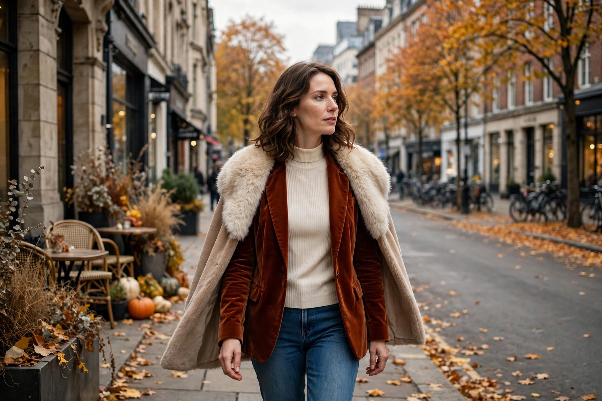 Photorealistic wide landscape photo of a woman in a rust velvet blazer over a cream roll-neck and jeans with a faux-fur collar coat draped over her shoulders, walking a city street in autumn, no text or words in the image.