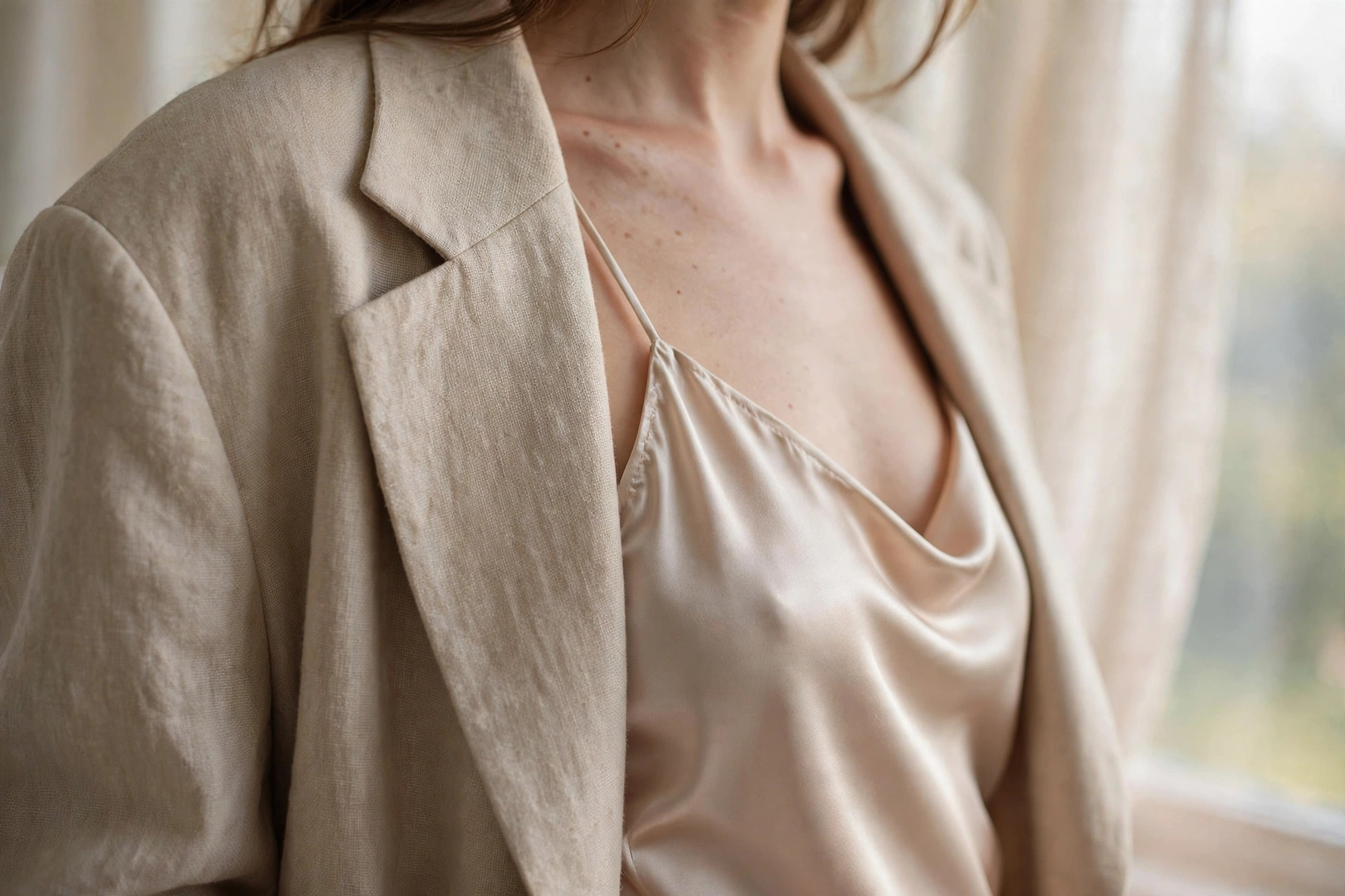 Oversized blazer layered over a slip dress, detail shot, ways to style an oversized blazer