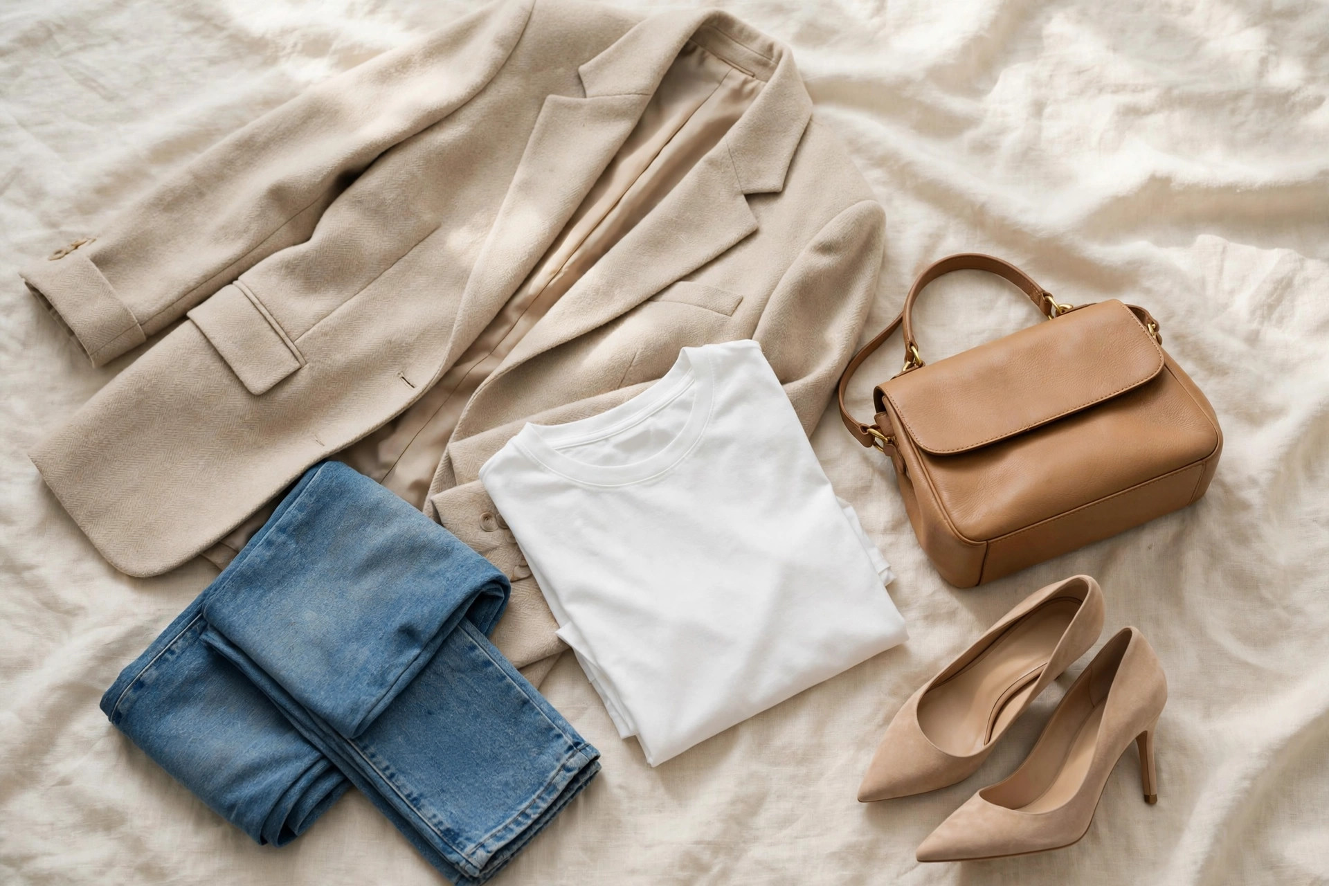 Oversized blazer with jeans and heels in a flat lay, ways to style an oversized blazer