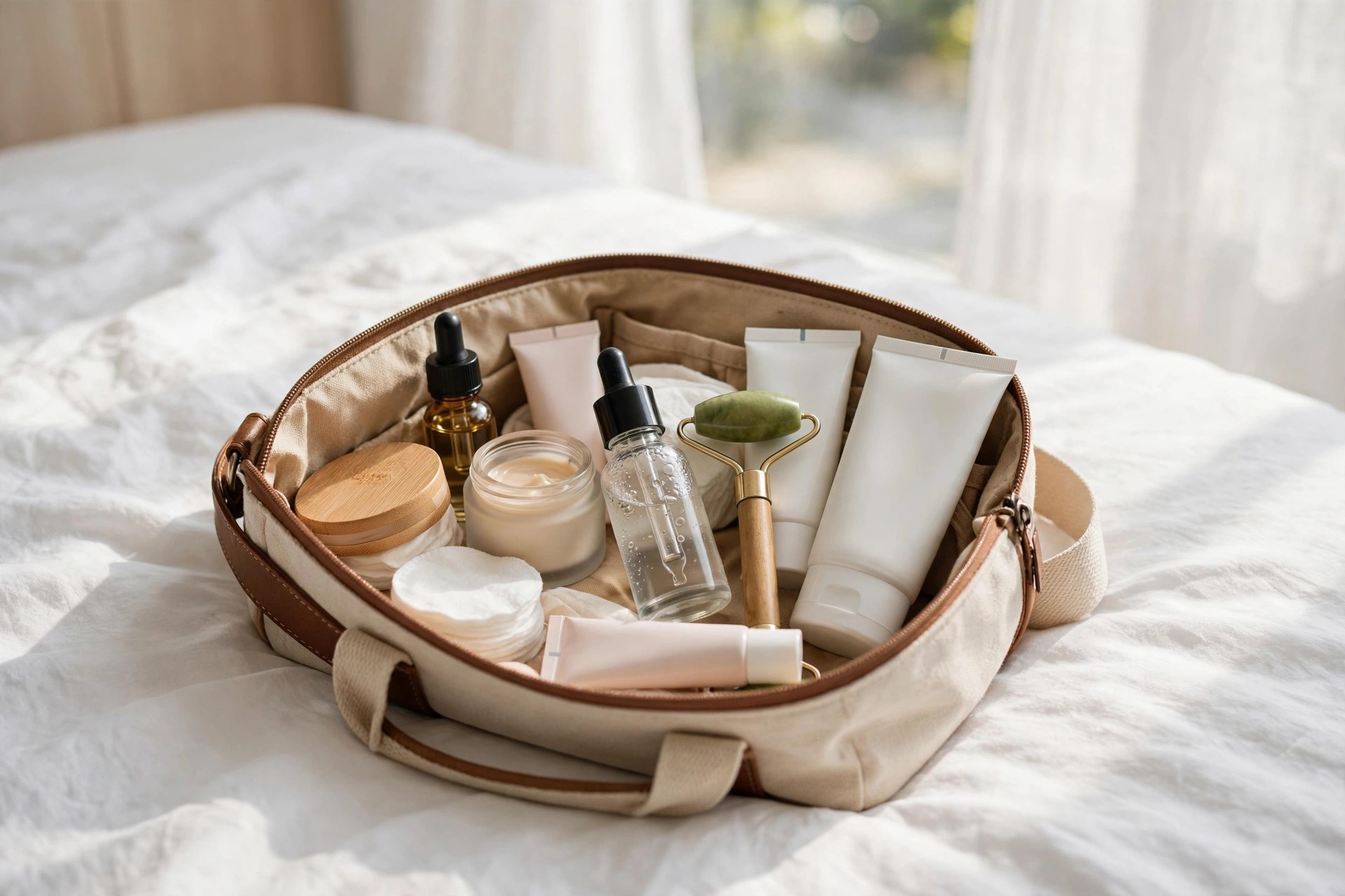 Neatly packed travel bag with skincare products, sunscreen, and a jade roller for a glowcation.