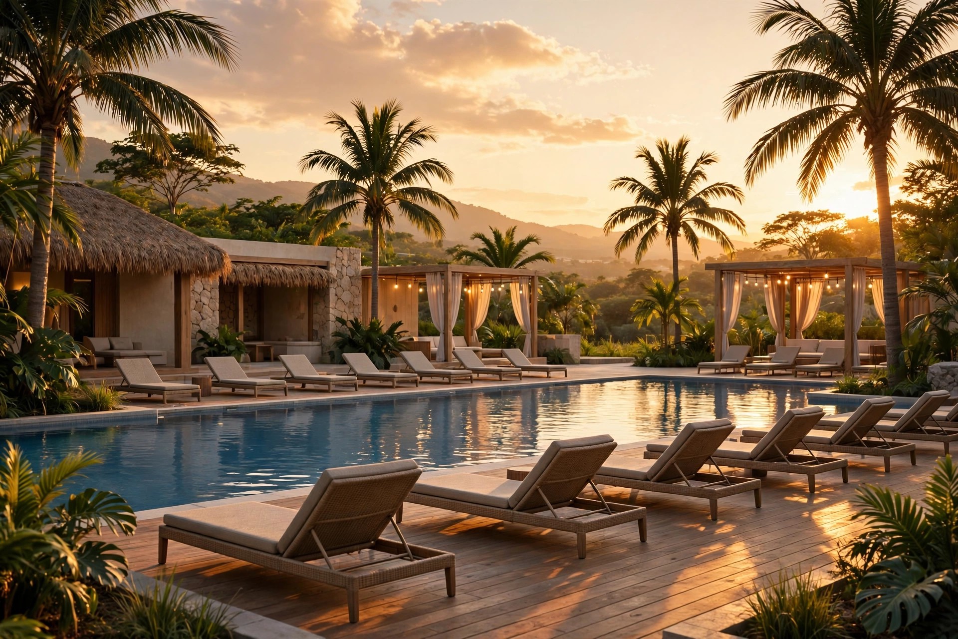 Tranquil wellness resort pool at golden hour with palm trees, an inviting glowcation destination.