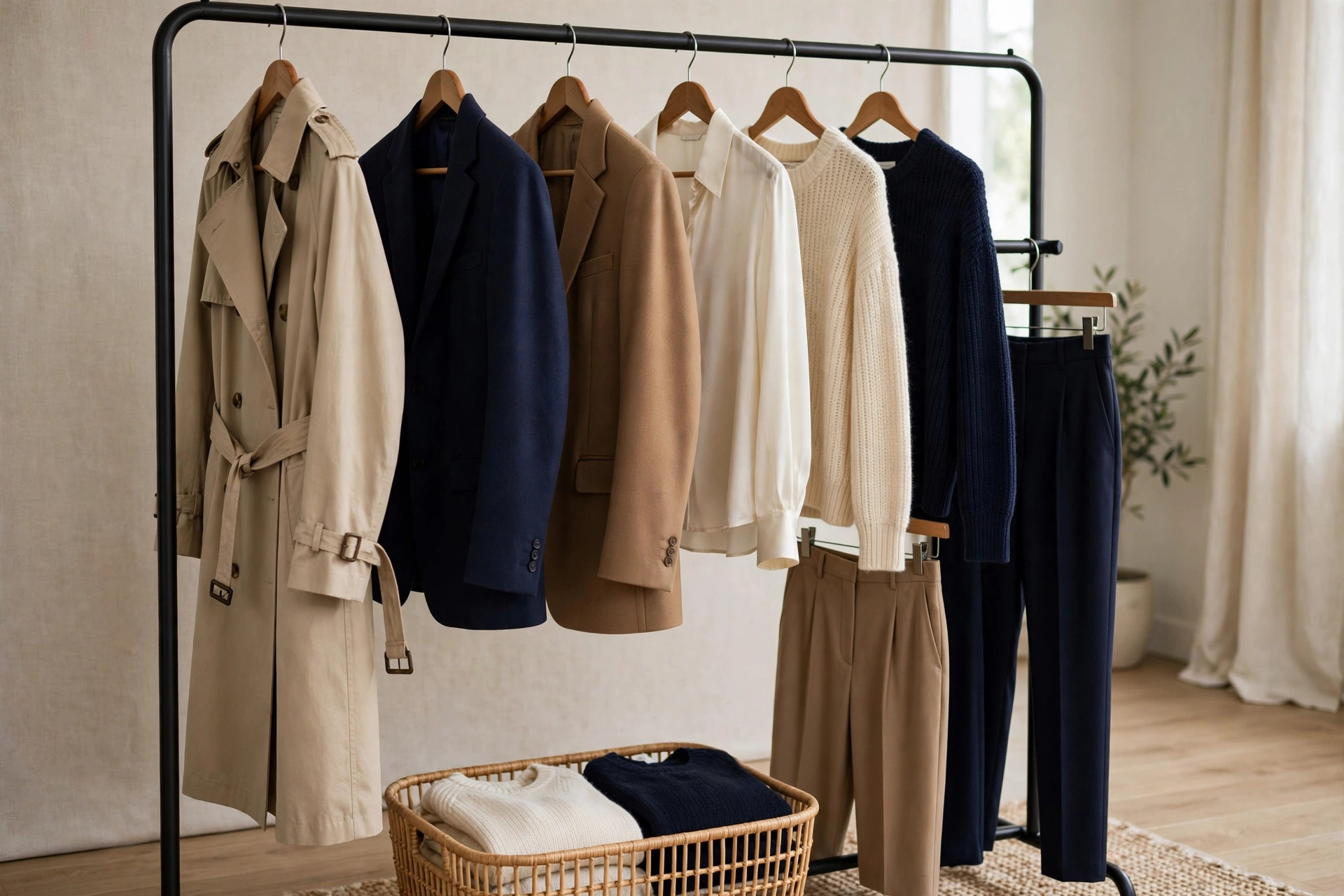 Photorealistic image of a timeless capsule wardrobe on a clothing rail with a trench coat, blazers, silk blouse, knit jumpers and tailored trousers in cream, camel and navy, wide horizontal 3:2 composition, no text or words in the image