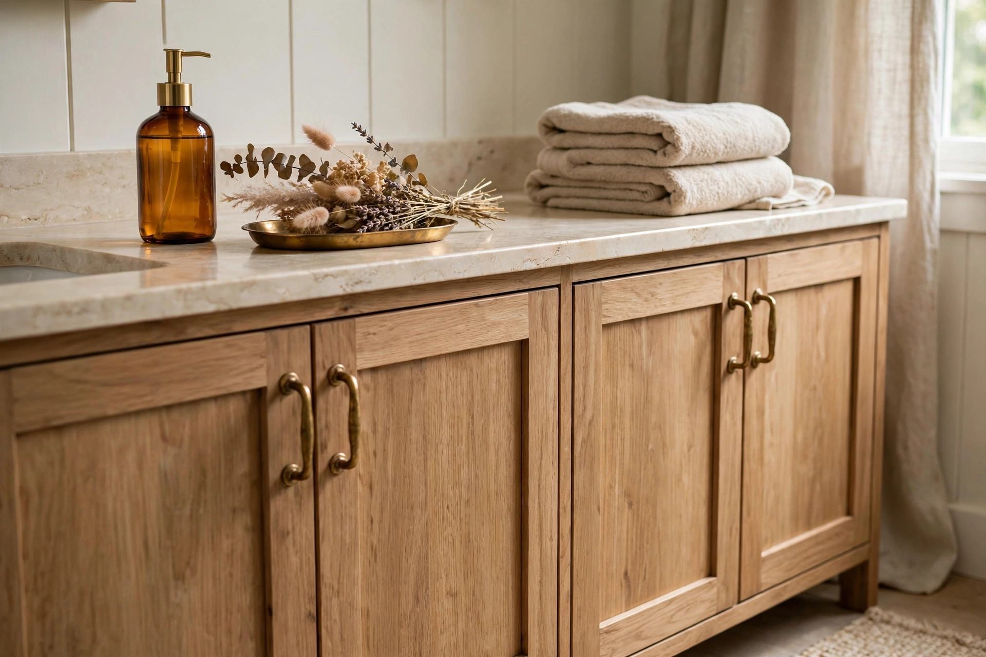 Photorealistic bathroom vanity with amber glass soap dispenser, small brass tray, dried flowers and folded towels, wide horizontal composition, no text or words in the image.