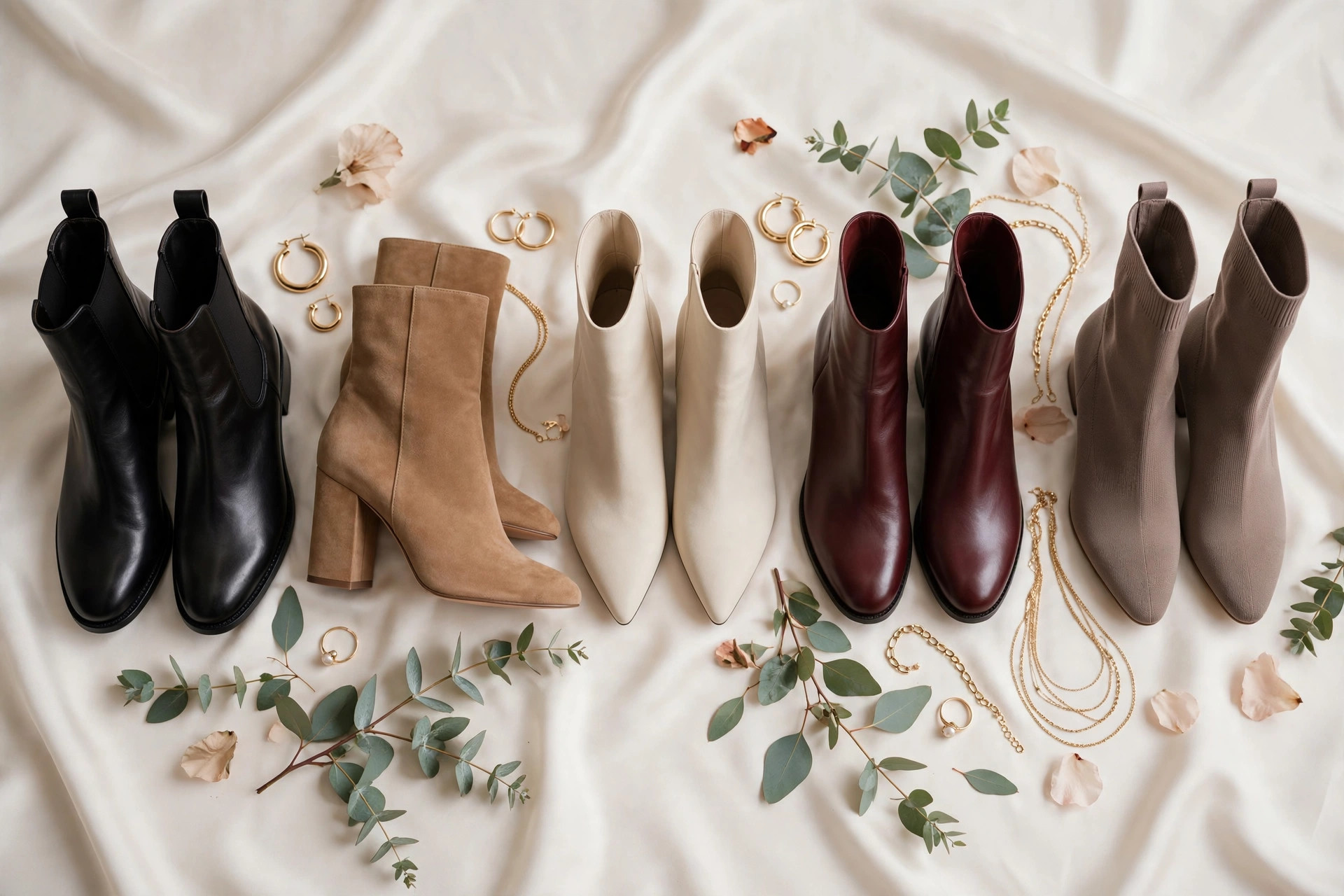 Row of five women's ankle boots: black chelsea, tan suede block heel, cream pointed toe, burgundy leather, taupe