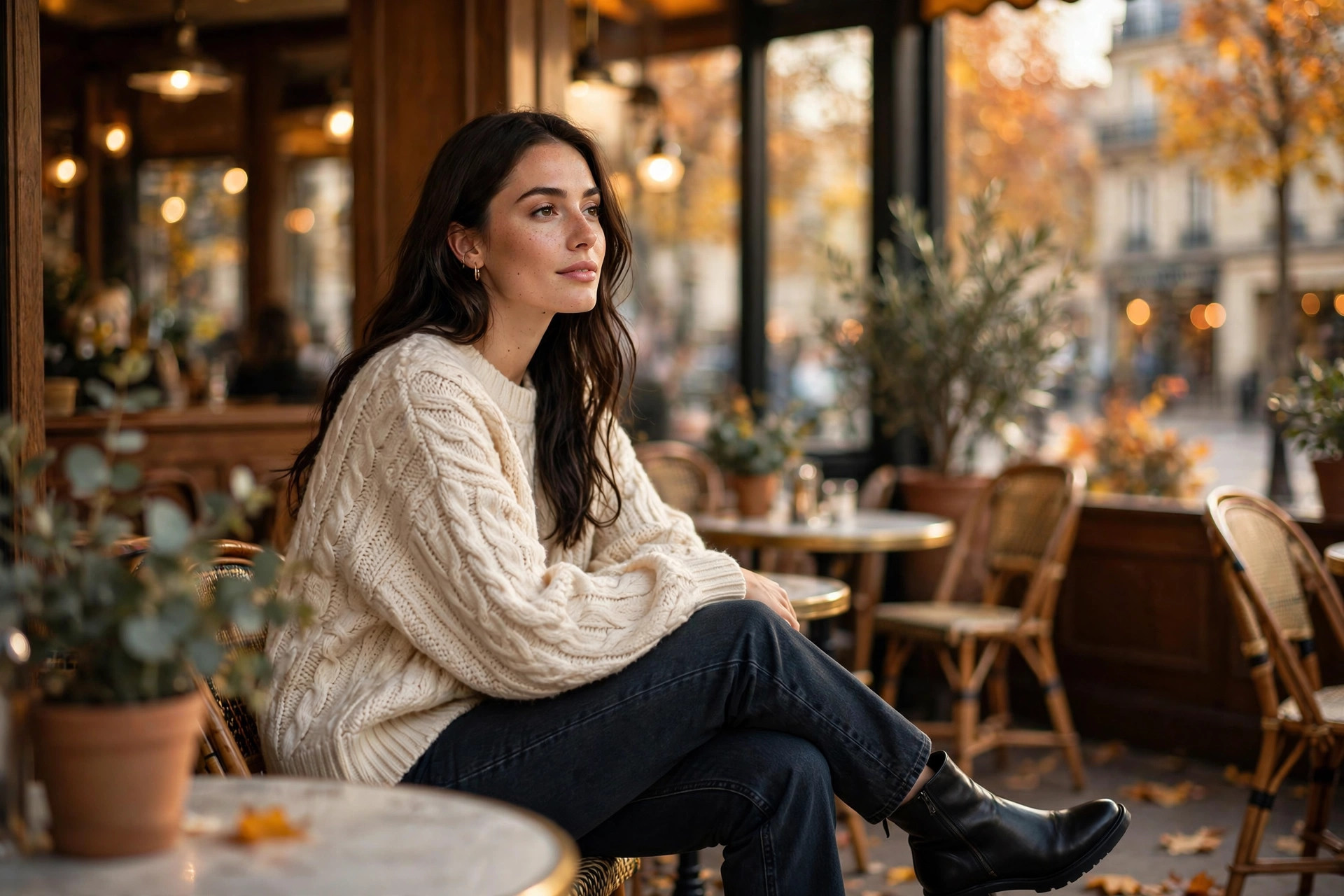 Woman styling black leather ankle boots with dark jeans and an oversized cream sweater in a Parisian autumn cafe