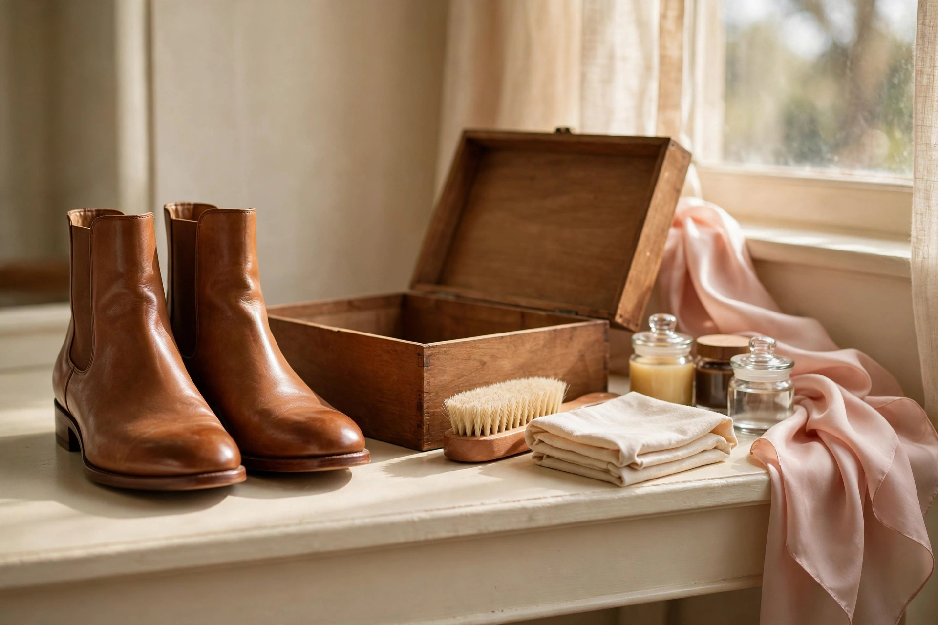Tan leather ankle boots on a cream vanity shelf with wooden shoe box, horsehair brush and cotton cloth for boot care