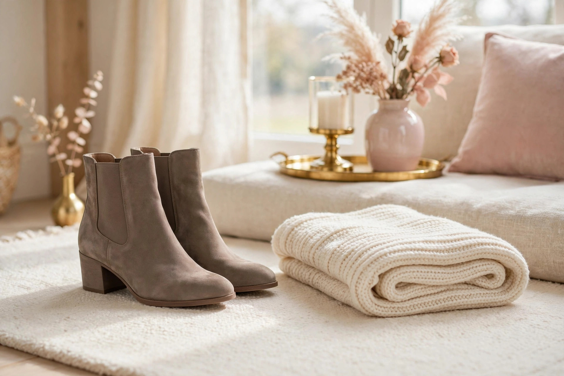 Taupe suede ankle boots on a cream rug beside a knit throw