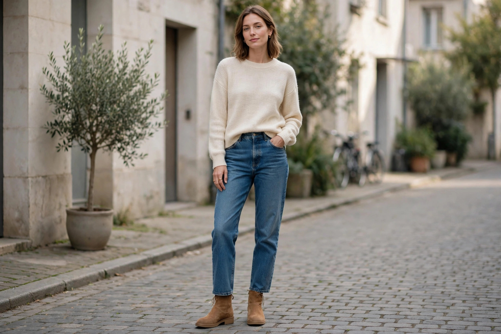Woman styling tan suede ankle boots with jeans and cream sweater