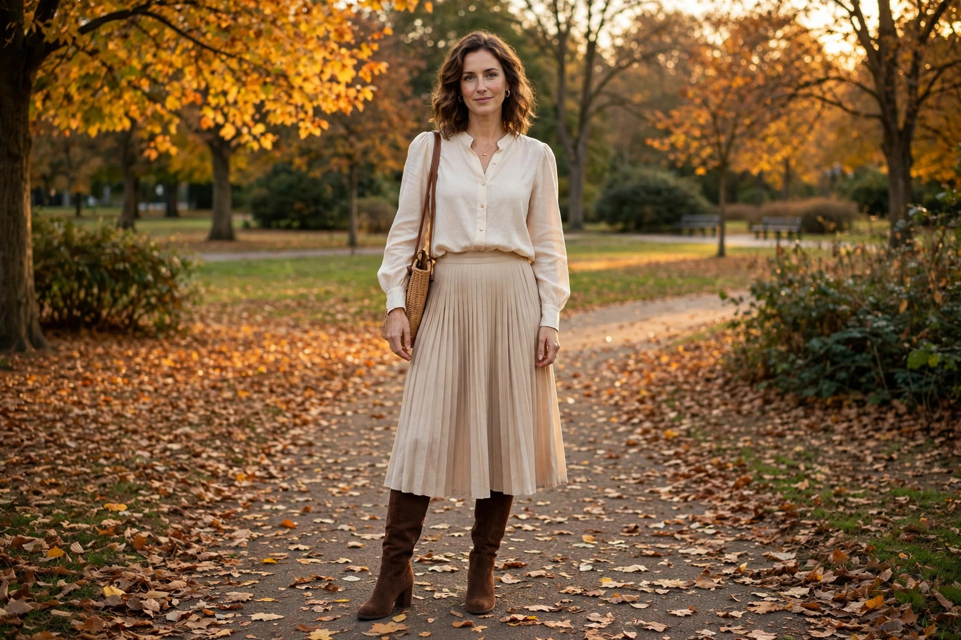 Chocolate knee-high suede boots with a pleated midi skirt