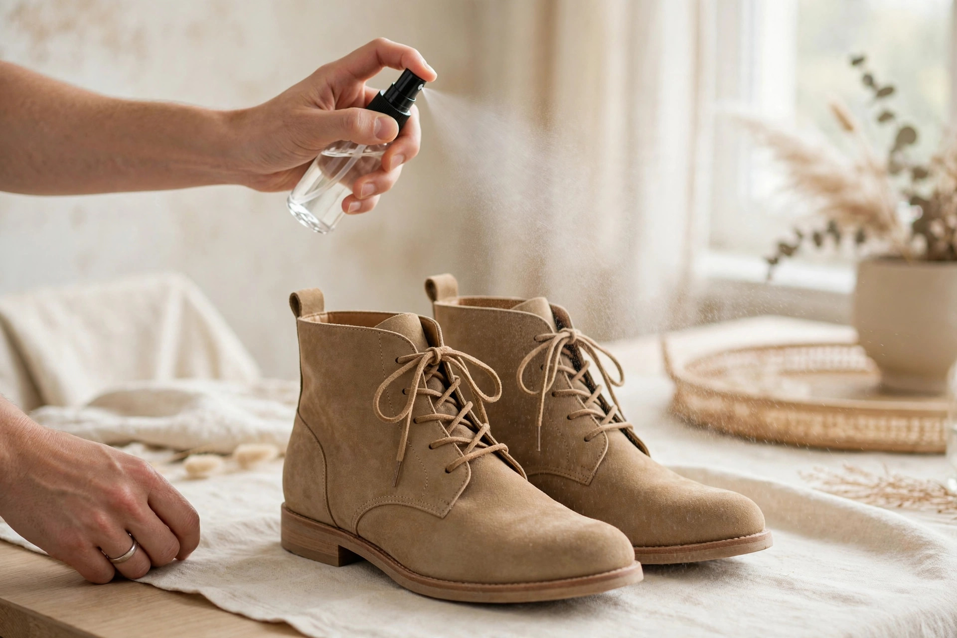 Spraying suede protector on tan suede ankle boots for rain care