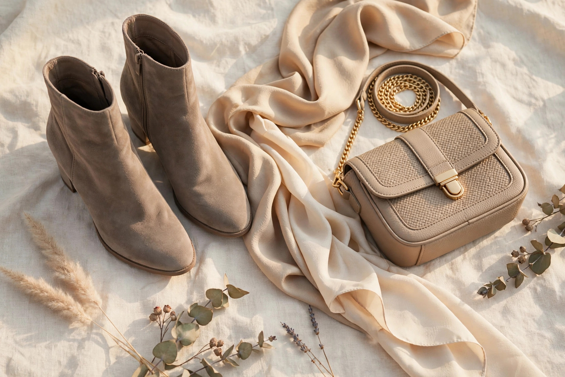Taupe suede ankle boots with a matching beige crossbody bag
