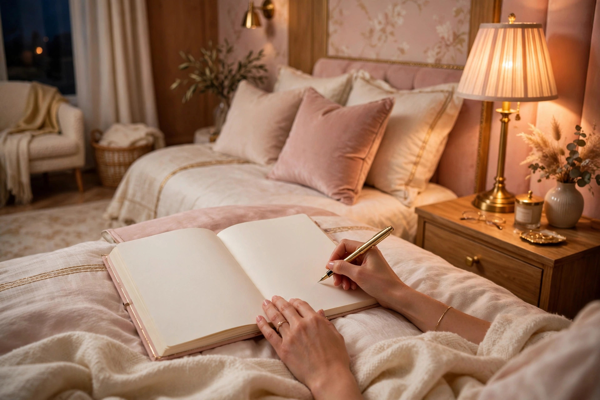 Woman writing in a blank journal by warm lamplight during her evening journaling routine