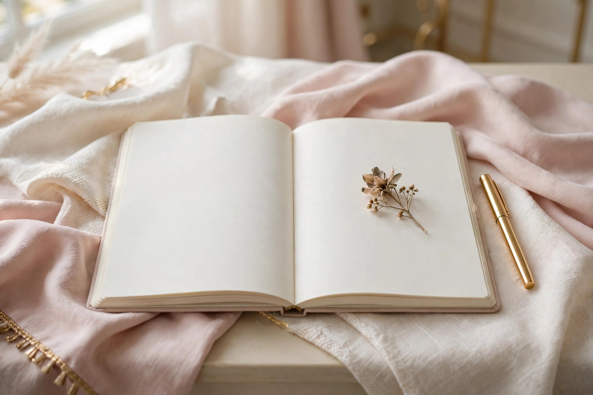 Blank journal page with a small dried flower, ready for evening gratitude journaling