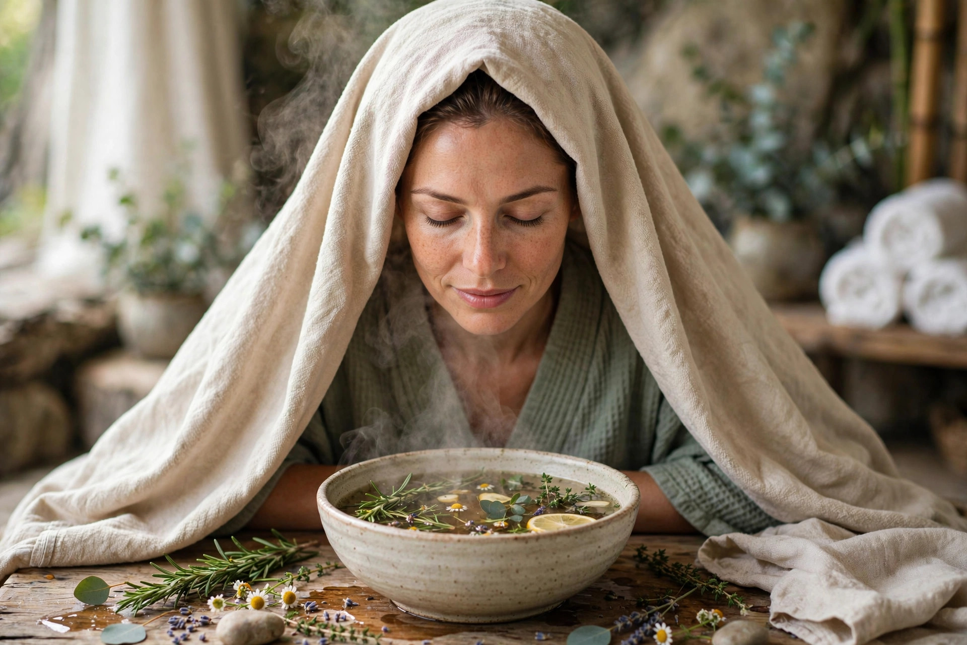 A woman enjoying a facial steam treatment with a towel over her head above a bowl of warm herbal water, wide horizontal 3:2 composition, no text or words in the image