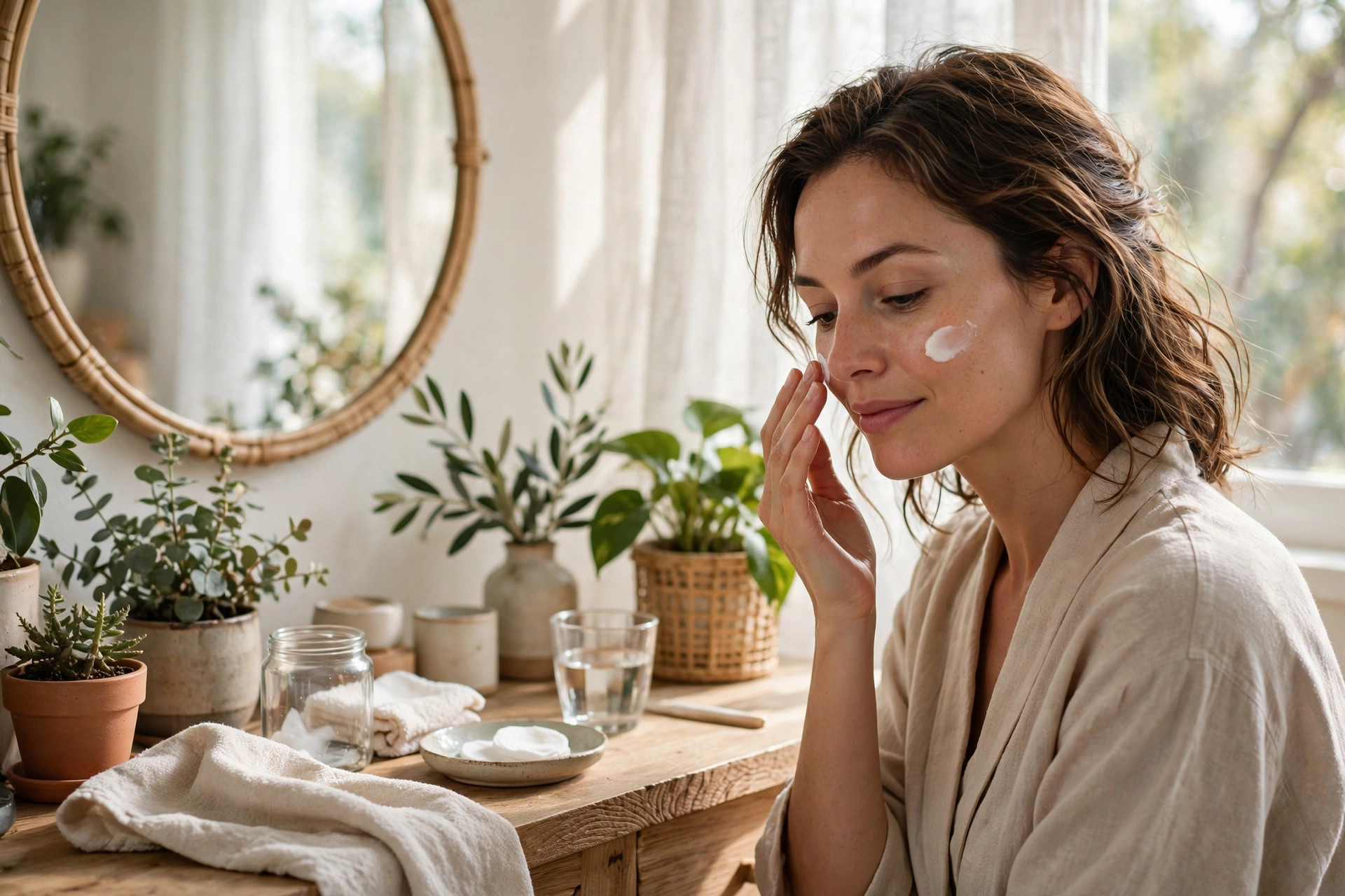 A woman gently applying face cream at a bright vanity with plants and soft natural light, wide horizontal 3:2 composition, no text or words in the image