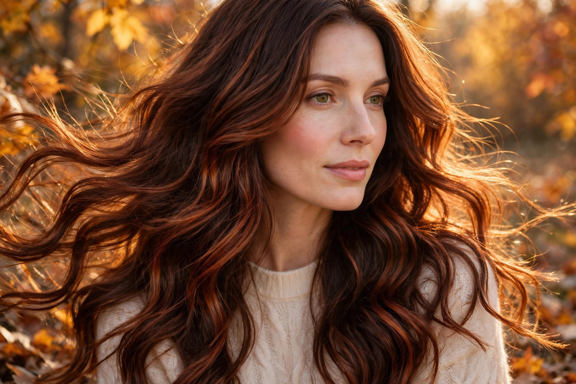 Woman with auburn spice hair colour glowing in autumn window light