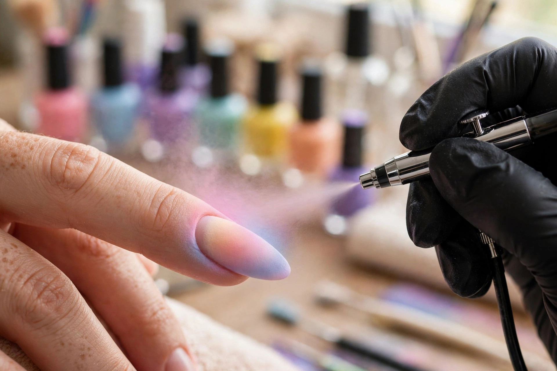 Close-up of a nail technician airbrushing a soft gradient aura design onto an almond-shaped nail with a tiny airbrush tool, wide horizontal 3:2 composition, no text or words in the image