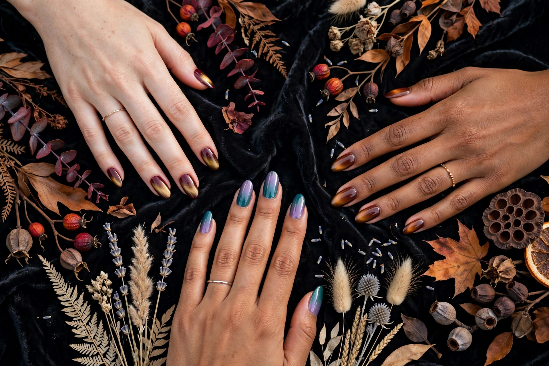 Flat-lay of elegant hands showing aura gradient nails in burgundy to gold, teal to lavender, and chocolate to amber combinations over dark velvet, wide horizontal 3:2 composition, no text or words in the image
