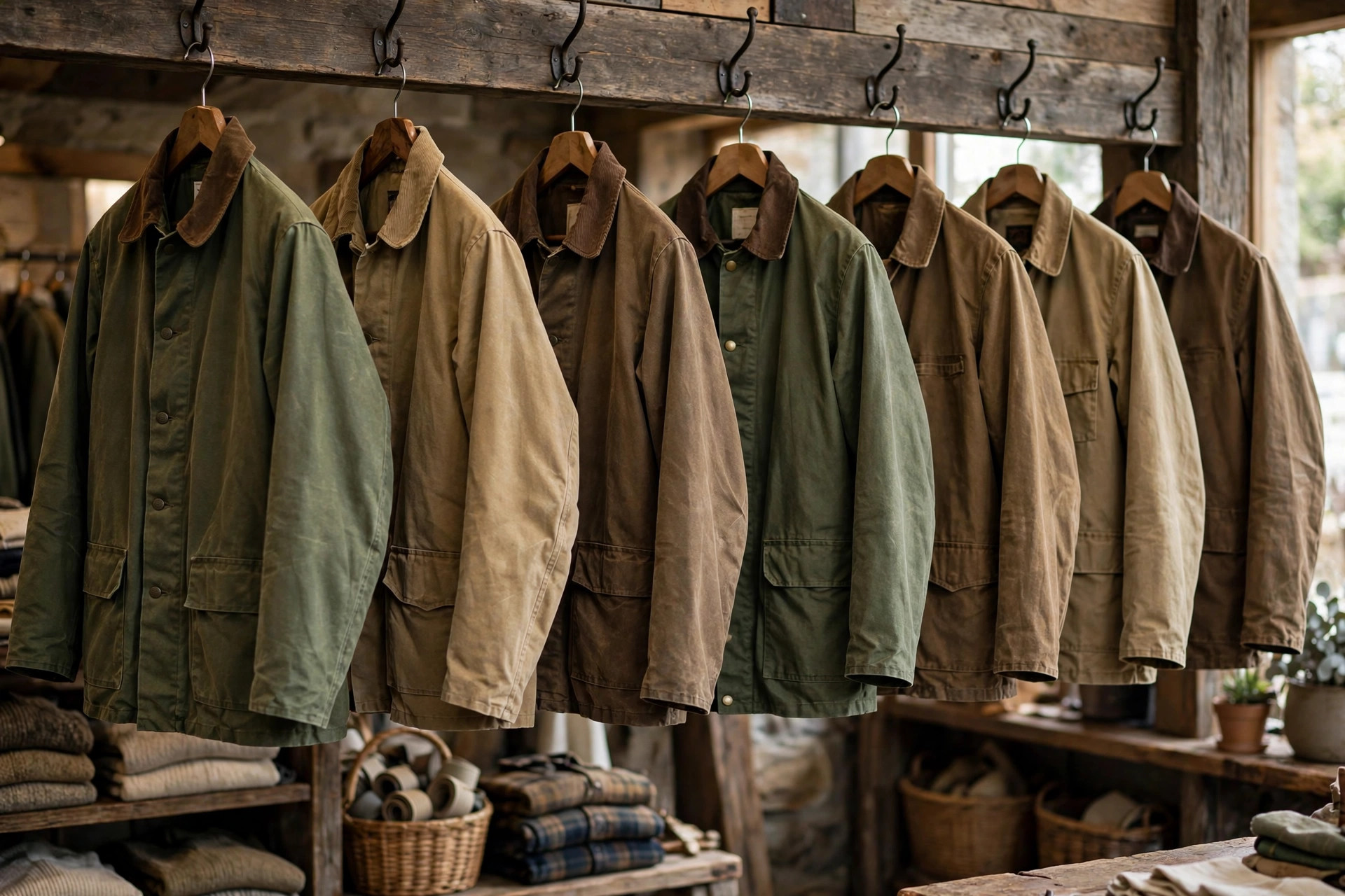 Photorealistic image of a row of barn jackets in olive, tan and brown waxed canvas hanging on hooks in a rustic clothing shop, wide horizontal composition, no text or words in the image.