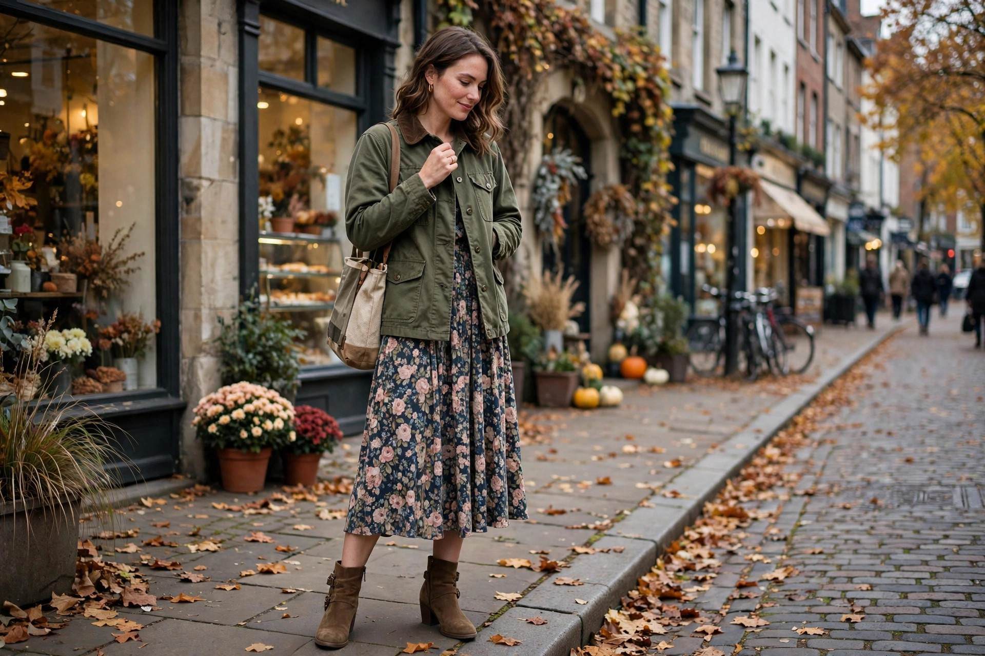 Photorealistic image of a woman styling an olive barn jacket with a floral midi dress and ankle boots on an autumn high street, wide horizontal composition, no text or words in the image.