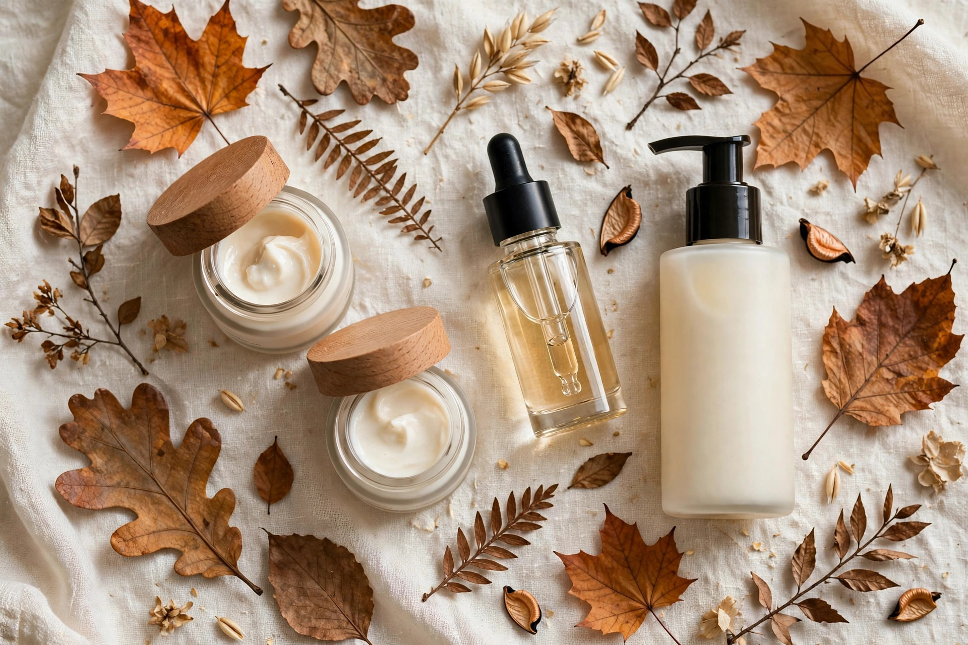 Photorealistic flat lay of barrier-repair skincare products, cream jars, ceramide serum and gentle cleanser on a cream linen cloth with dried autumn leaves, wide horizontal 3:2 composition, no text or words in the image.