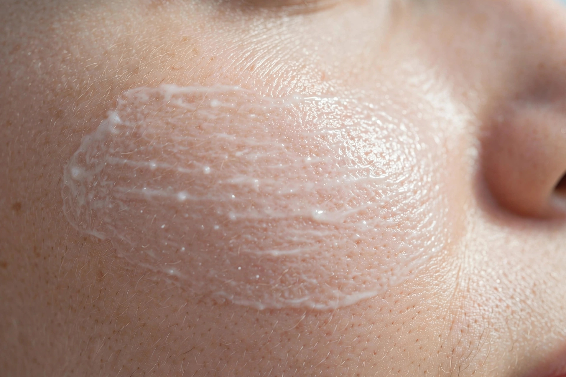 Photorealistic macro detail of smooth hydrated facial skin with a light layer of moisturising cream, soft diffused daylight, fresh healthy glow, wide horizontal 3:2 composition, no text or words in the image.