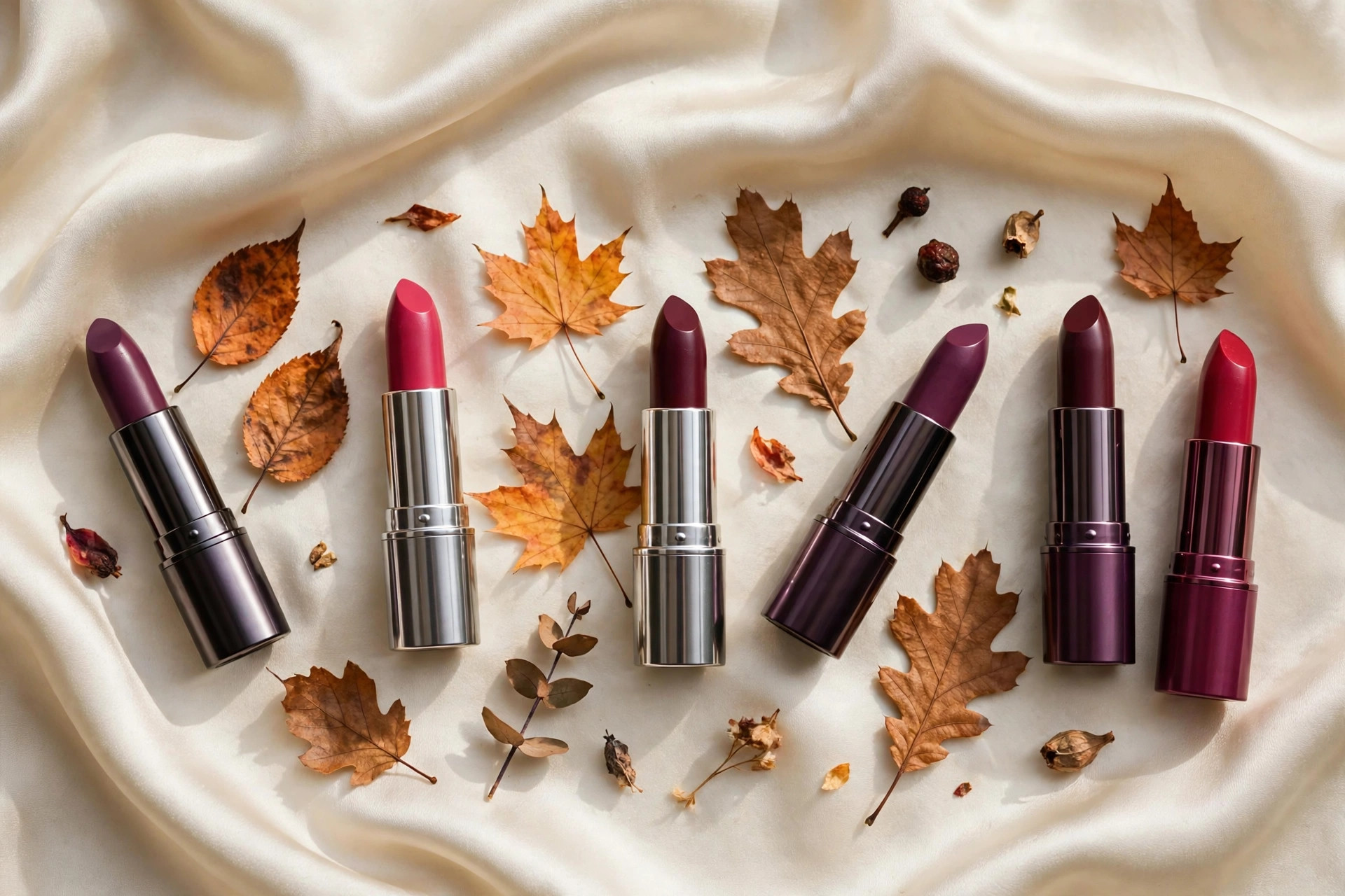 Photorealistic flat lay of berry lipstick bullets in plum, raspberry and wine shades with autumn leaves on a cream silk cloth, wide horizontal composition, no text or words in the image.