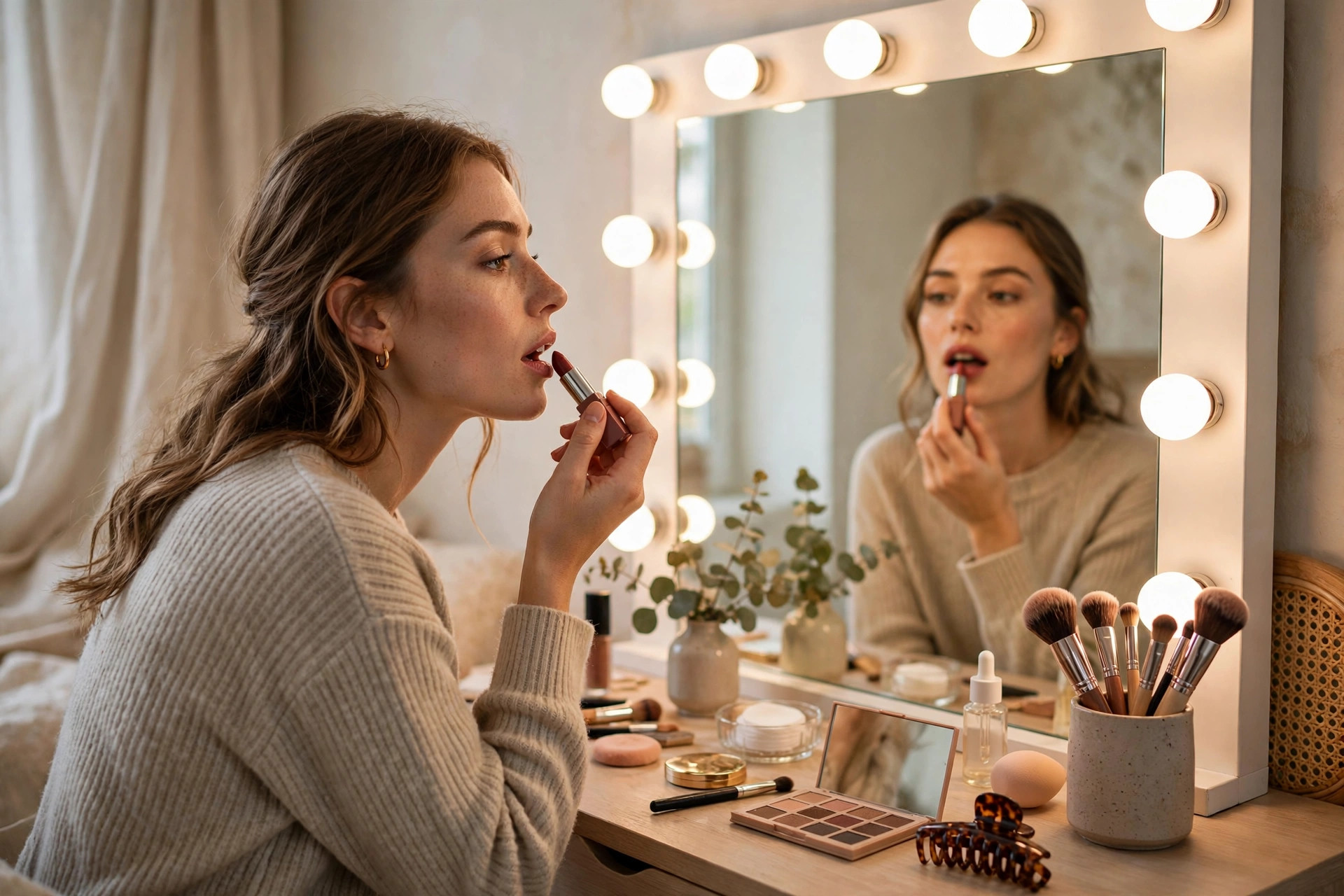 Photorealistic view of a woman applying berry lipstick in front of a softly lit vanity mirror with makeup brushes nearby, wide horizontal composition, no text or words in the image.