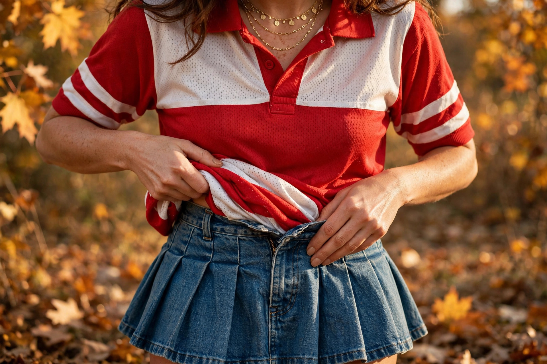 Close-up detail of a woman tucking a red-and-white vintage football jersey into a pleated denim mini skirt with gold layered necklaces in autumn sunlight, wide horizontal 3:2 composition, no text or words in the image