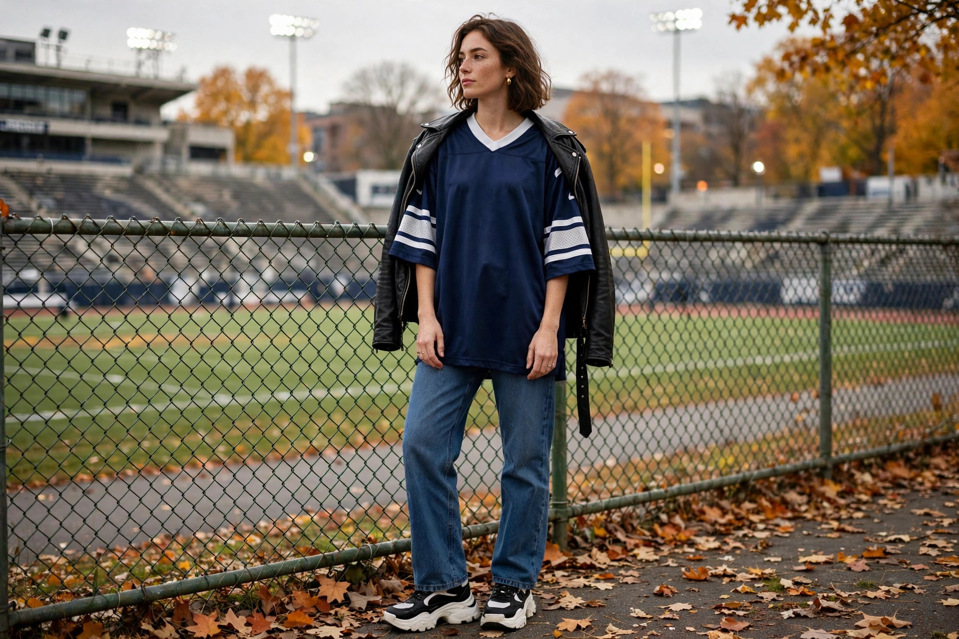 Woman in an oversized football jersey with a black leather jacket over her shoulders, straight-leg jeans and chunky sneakers by a stadium fence in autumn, wide horizontal 3:2 composition, no text or words in the image
