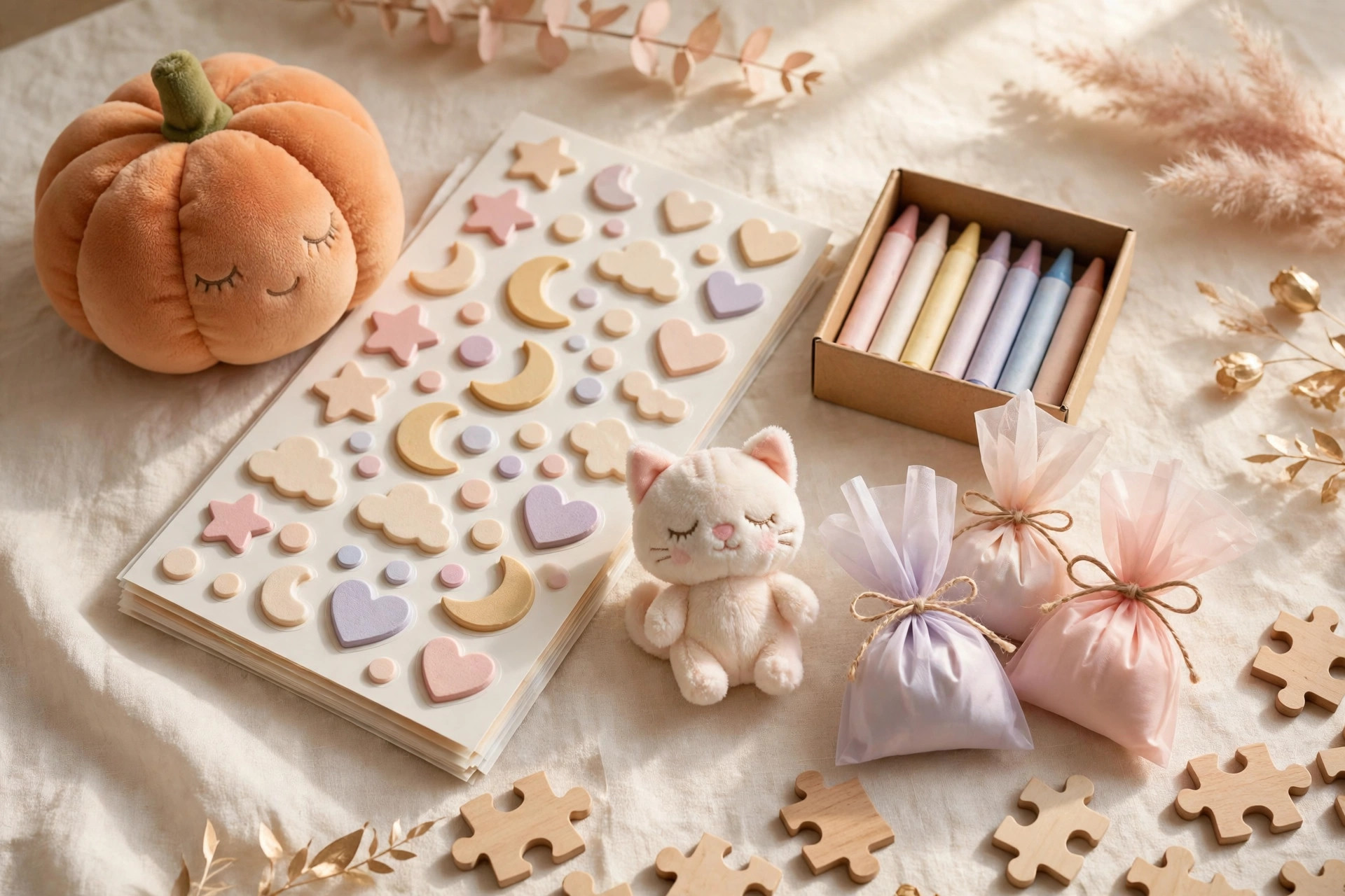 Toddler-friendly boo basket fillers including soft plush toys, stickers and crayons in blush tones