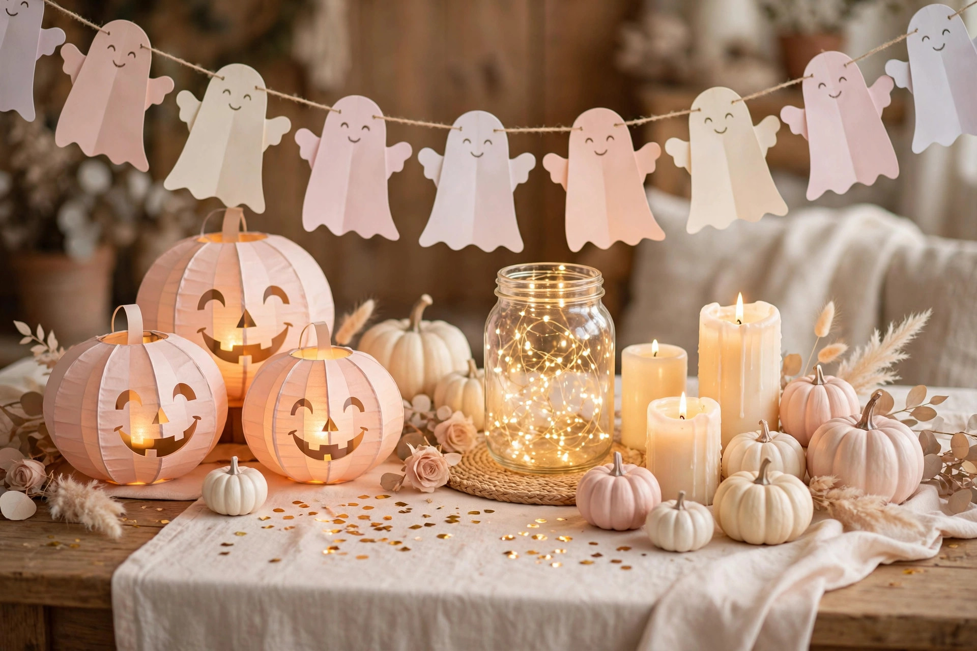 Cute non-scary Halloween table setup with pastel pumpkins, fairy lights and blush decorations