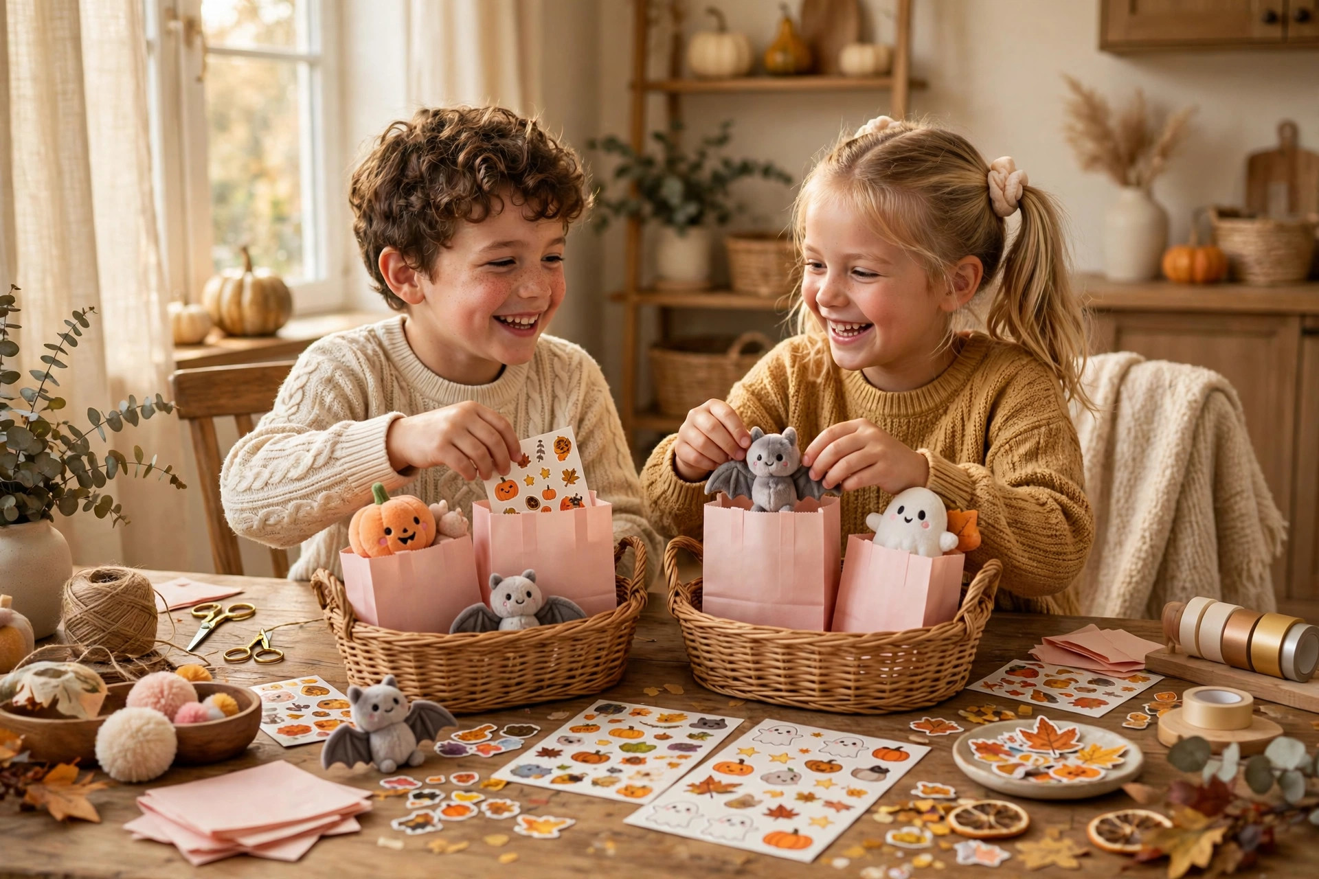 Children decorating Halloween treat baskets together with stickers and craft supplies at a table