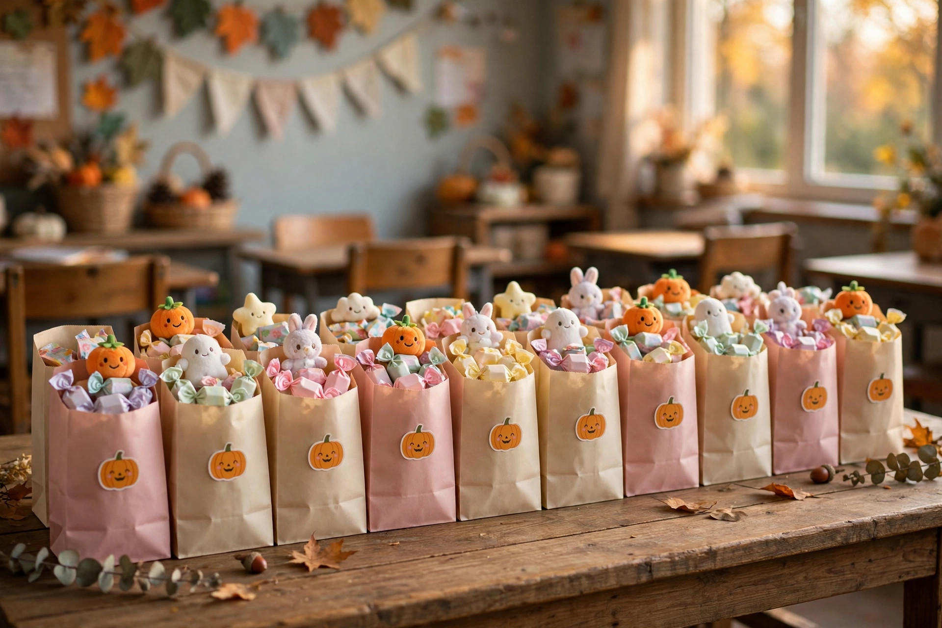 Classroom Halloween treat bags in blush paper bags filled with sweets and small toys