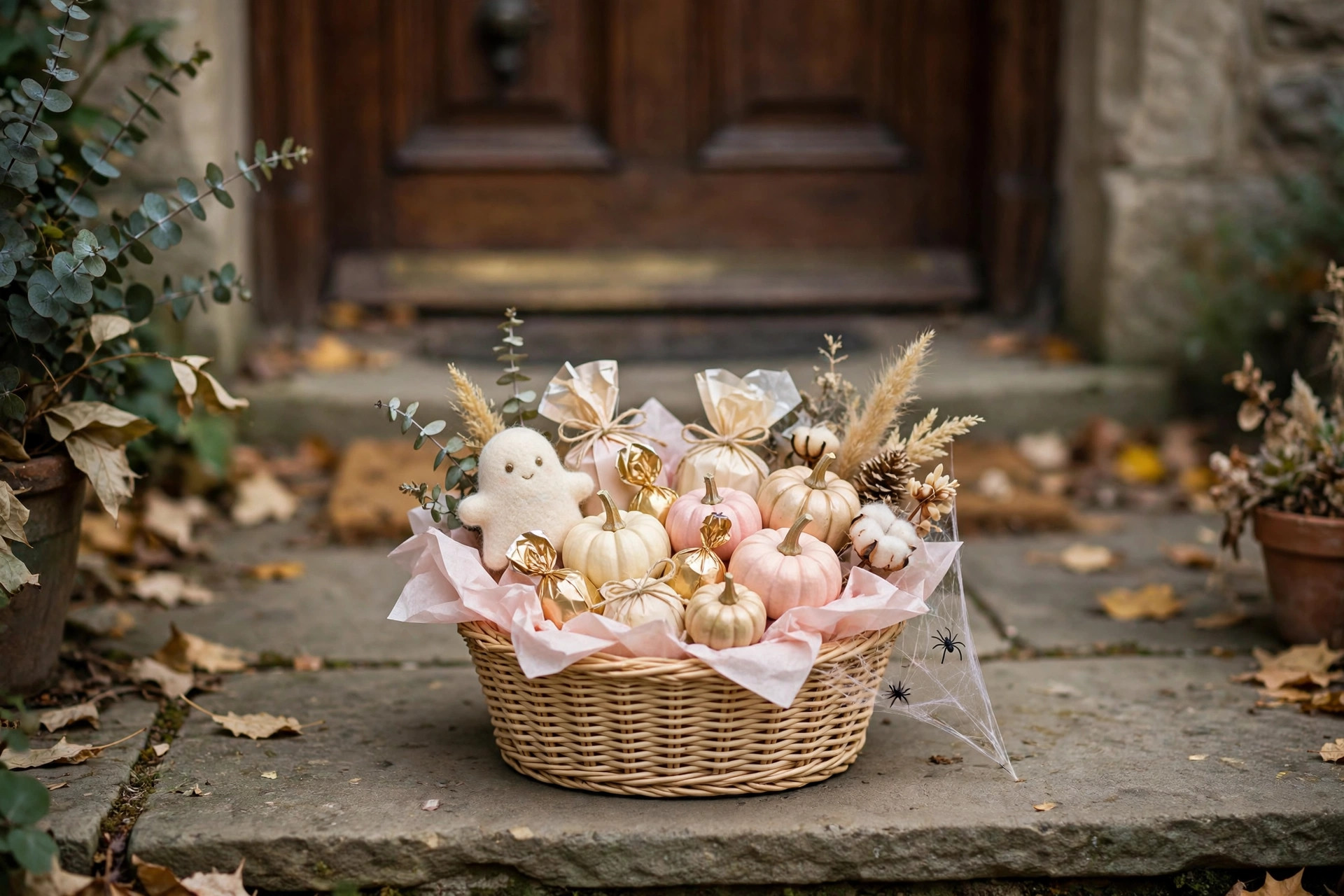 Cute Halloween boo basket with sweet treats and cosy gifts on a doorstep