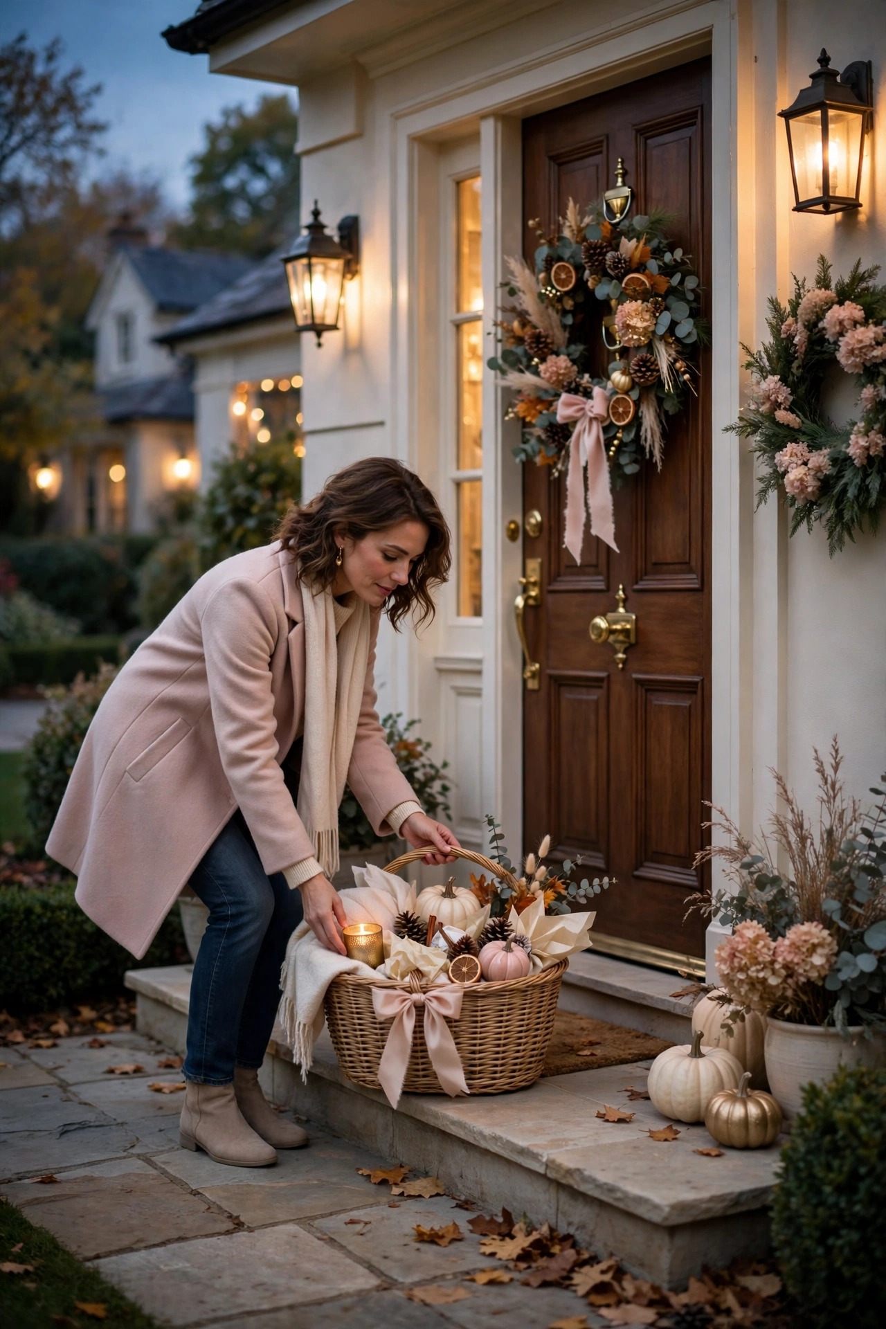 Delivering a boo basket surprise on a neighbour doorstep at dusk