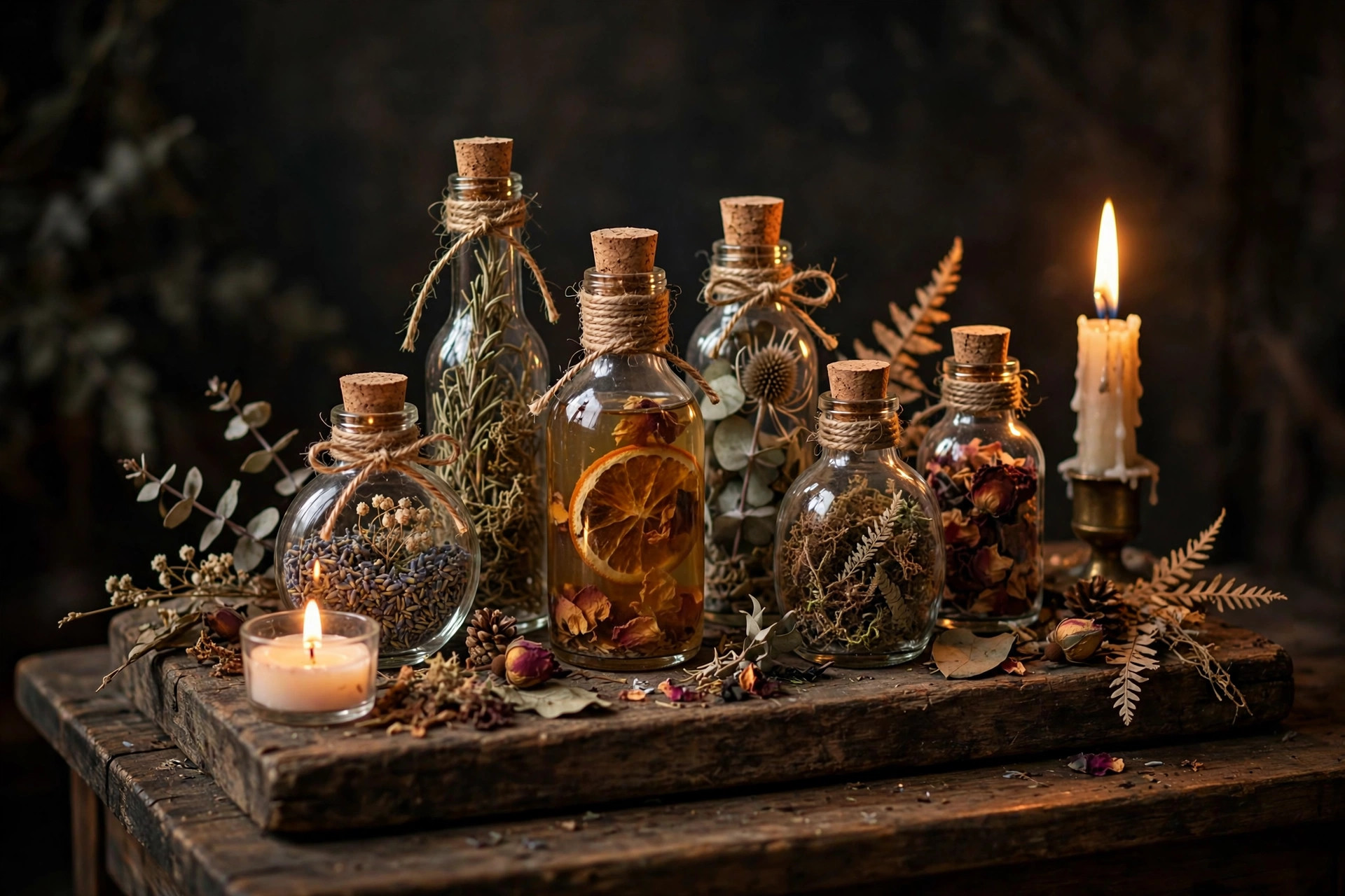 DIY Halloween potion bottles with candles, dried flowers and twine on a wooden tray, wide horizontal 3:2 composition, no text or words in the image